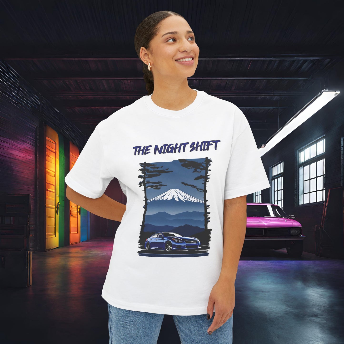 Infiniti G37 Sedan Mt Fuji-Premium, Ultra Soft Unisex Oversized Boxy Tee Printify by The Night Shift Automotive Apparel