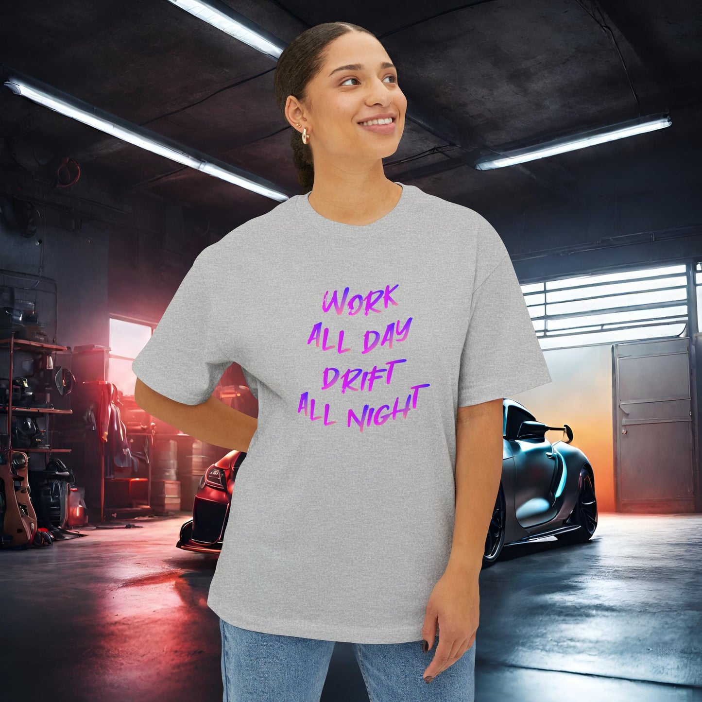 Work All Day, Drift All Night-Premium, Ultra Soft Unisex Oversized Boxy Tee Printify by The Night Shift Automotive Apparel