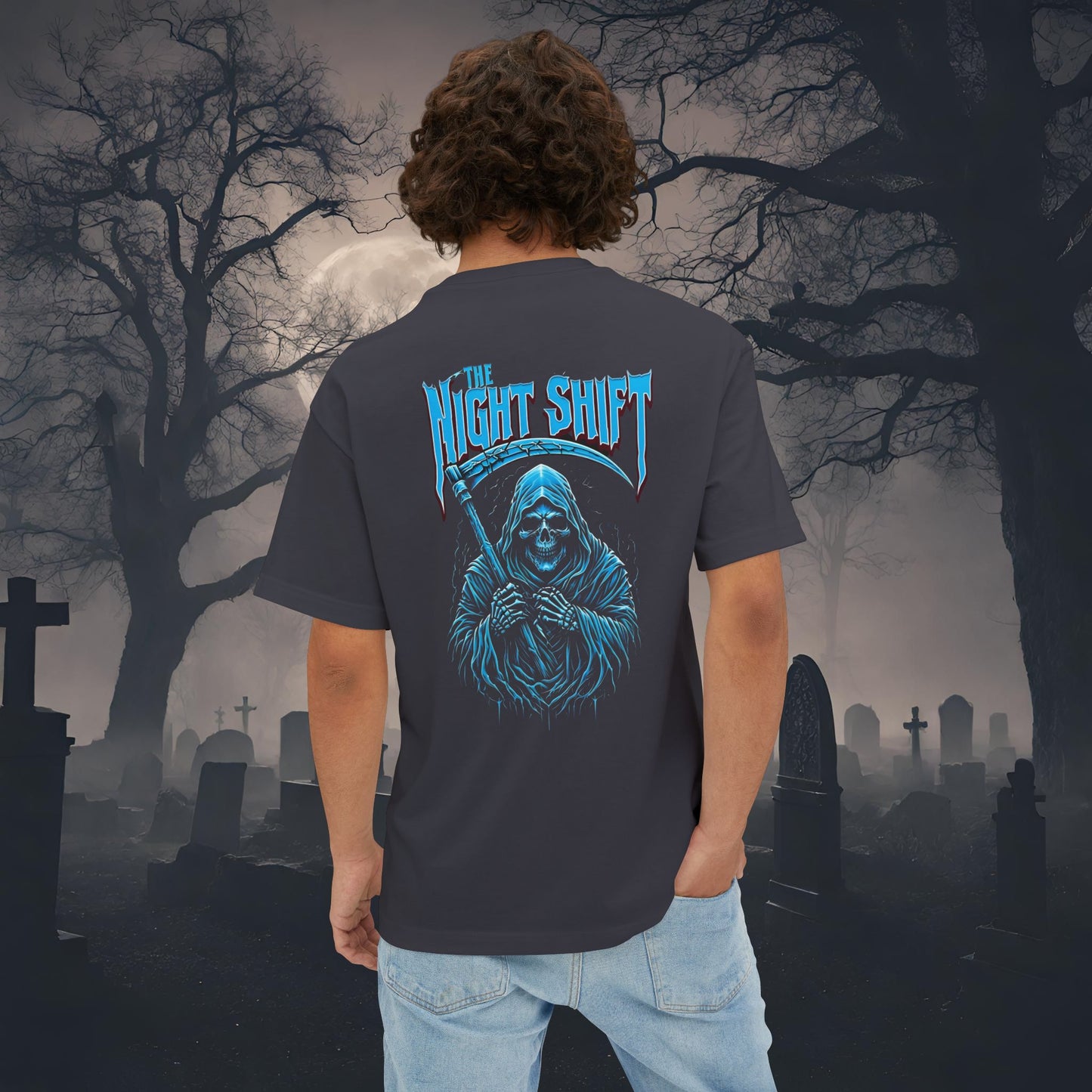 Grim Reaper-Premium, Ultra Soft Unisex Oversized Boxy Tee Dark Grey Printify by The Night Shift Automotive Apparel