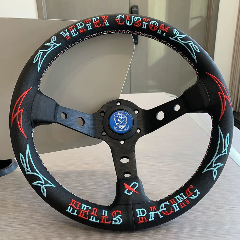 VERTEX CUSTOM Hells Racing 330mm Genuine Leather Embroidered Deep Dish Steering Wheel VERTEX CUSTOM Hells Racing 330mm Genuine Leather Embroidered Deep Dish Steering Wheel The Night Shift Performance Street Gear by The Night Shift Automotive Apparel
