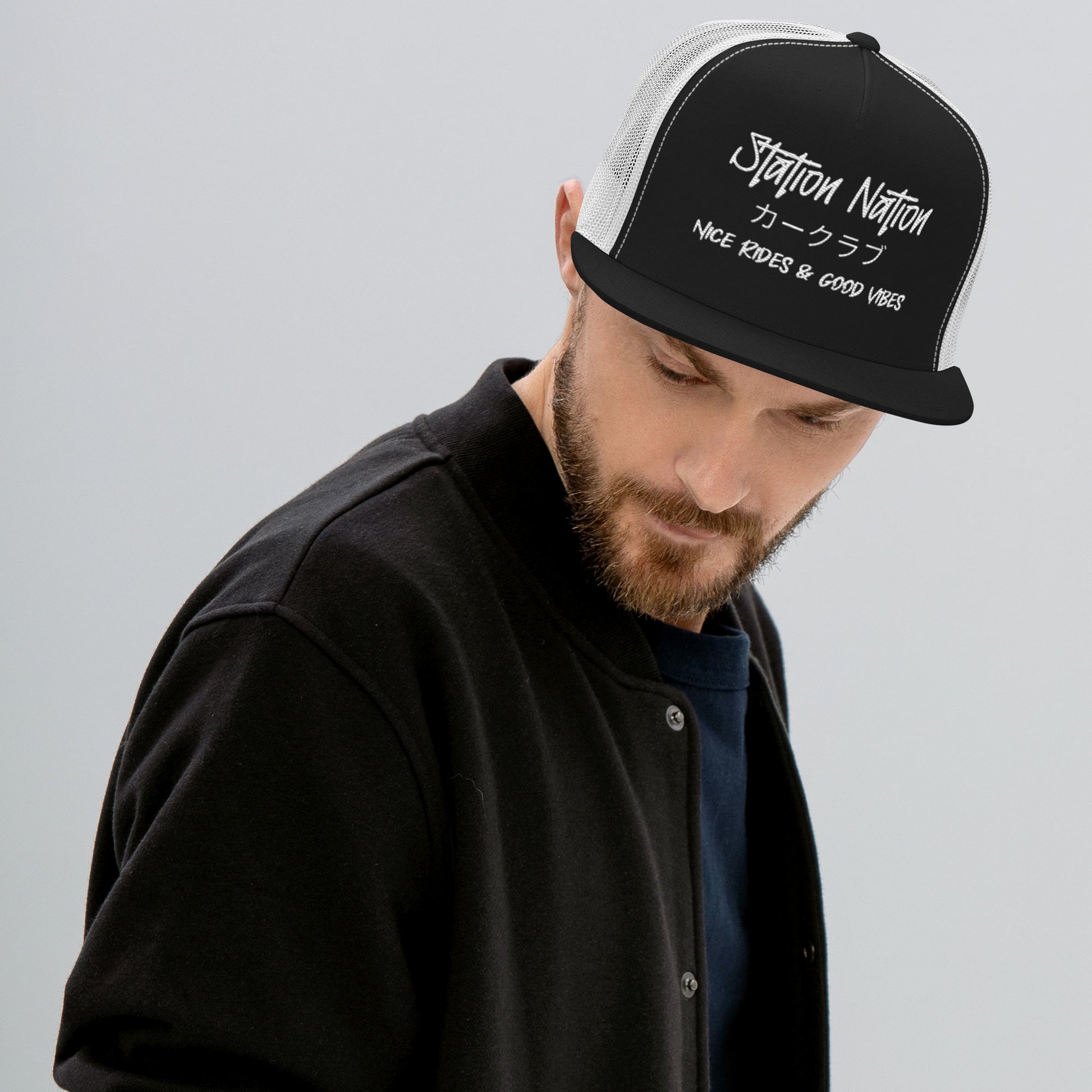 Station Nation-Embroidered Snapback Trucker Hat Black White The Night Shift Performance Street Gear by The Night Shift Automotive Apparel