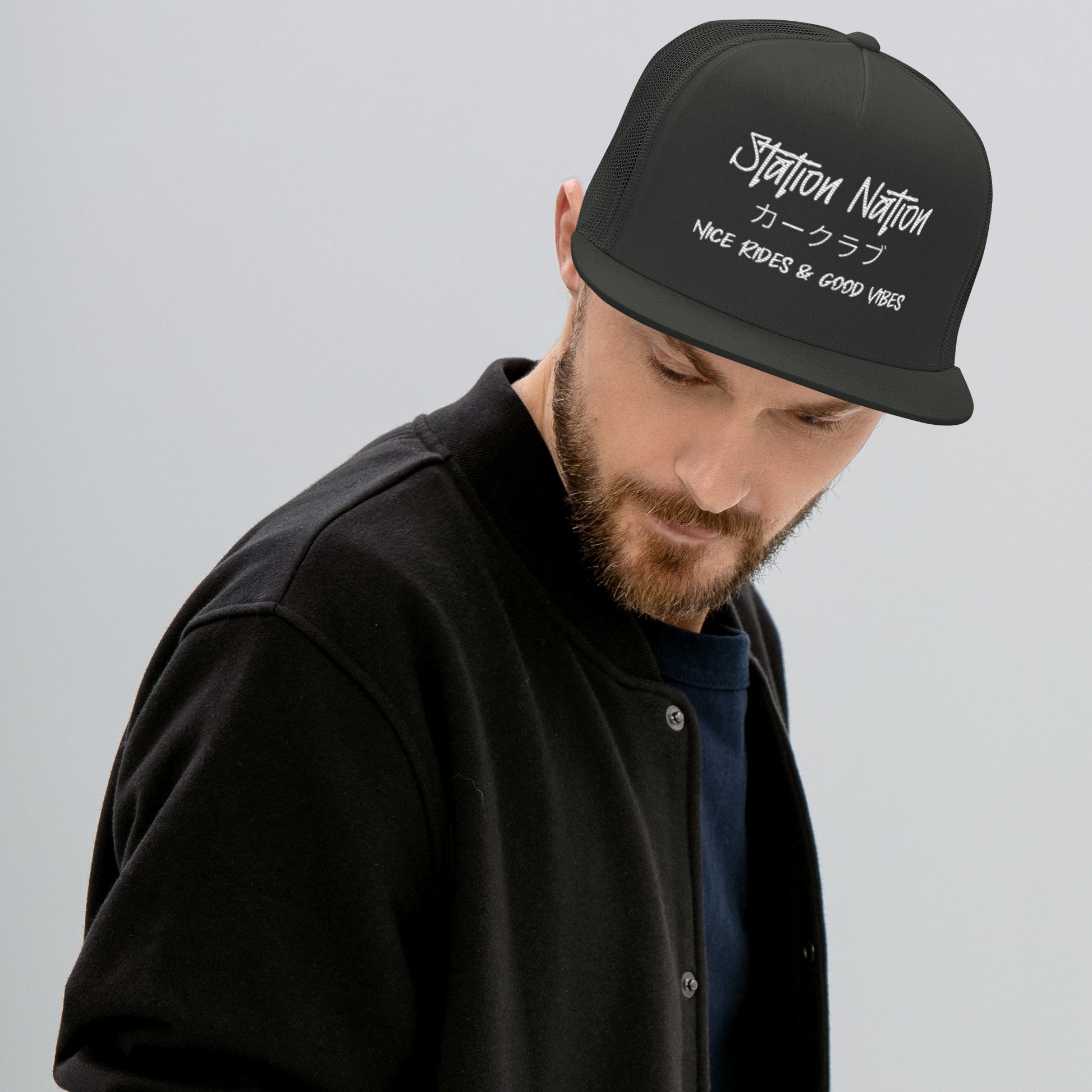 Station Nation-Embroidered Snapback Trucker Hat Charcoal The Night Shift Performance Street Gear by The Night Shift Automotive Apparel