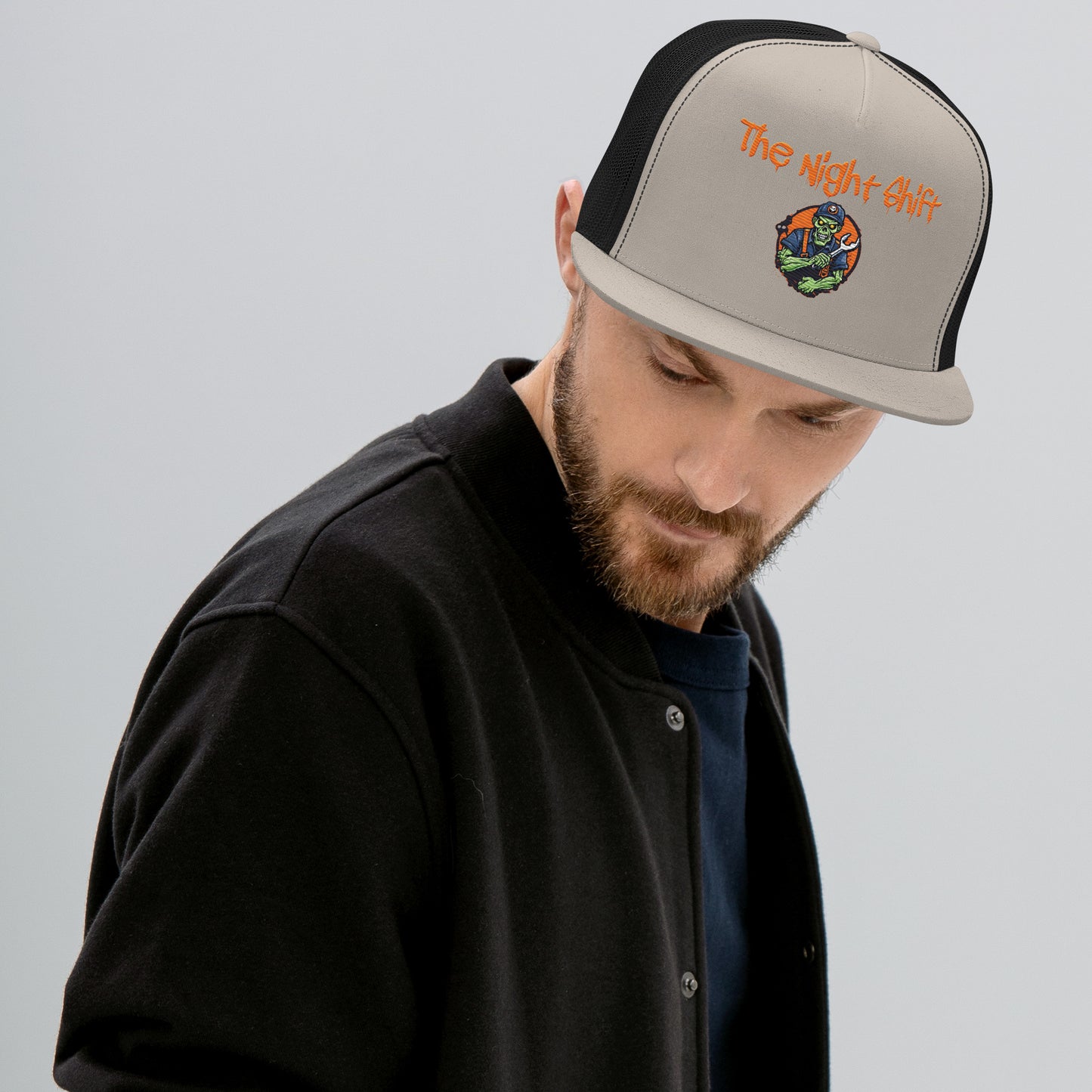Don't Stop Till You Drop-Embroidered Snapback Trucker Hat Silver Black The Night Shift Performance Street Gear by The Night Shift Automotive Apparel