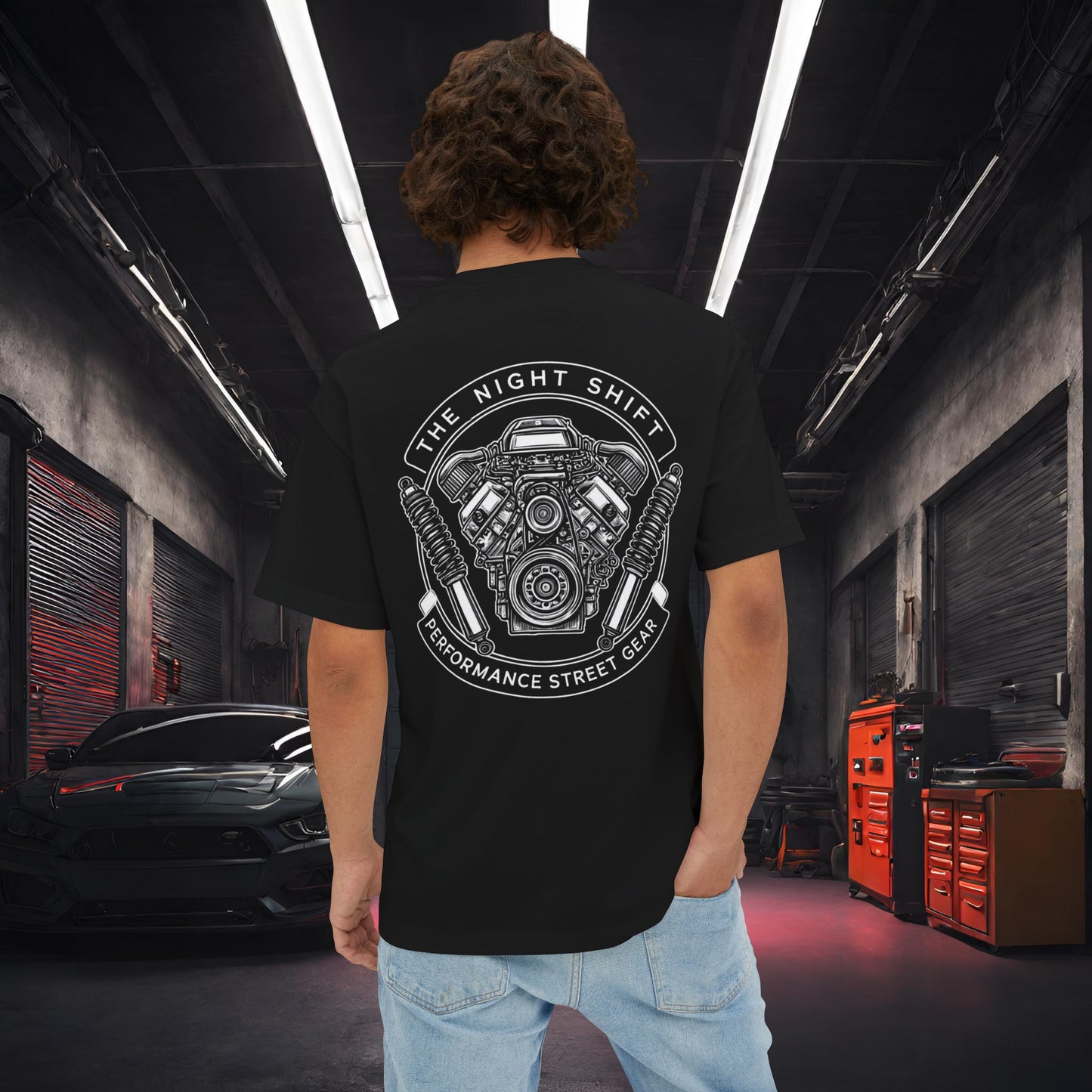 The Night Shift Performance Engine-Ultra Soft, Premium Unisex Oversized Boxy Tee Black Printify by The Night Shift Automotive Apparel