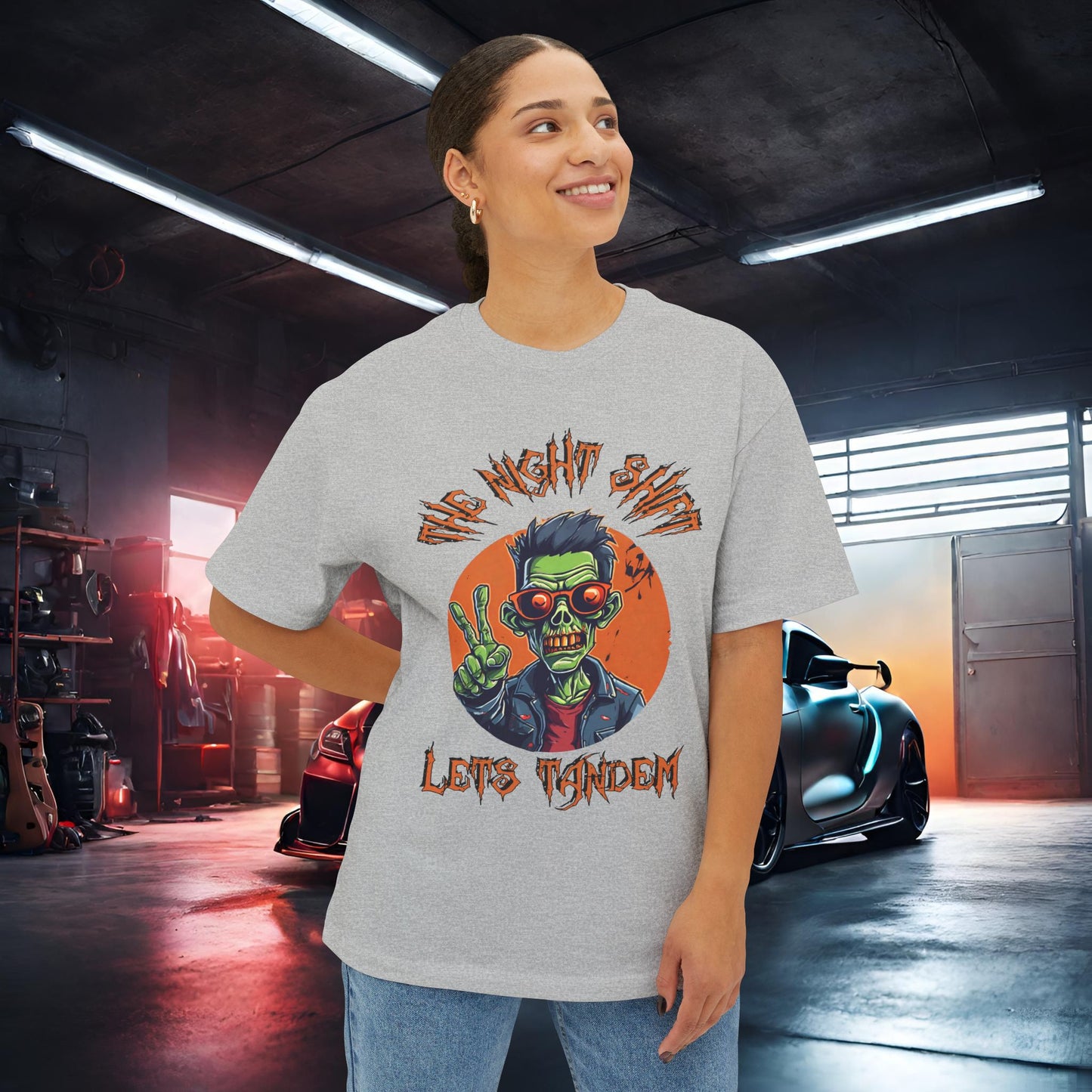 Lets Tandem Drift Zombie Logo-Premium, Ultra Soft Unisex Oversized Boxy Tee Printify by The Night Shift Automotive Apparel