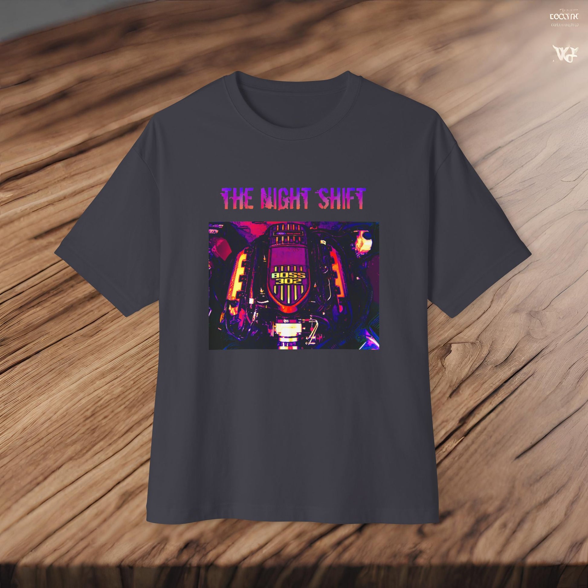 Coyote Boss 302 Synthwave-Premium, Ultra Soft Unisex Oversized Boxy Tee Printify by The Night Shift Automotive Apparel