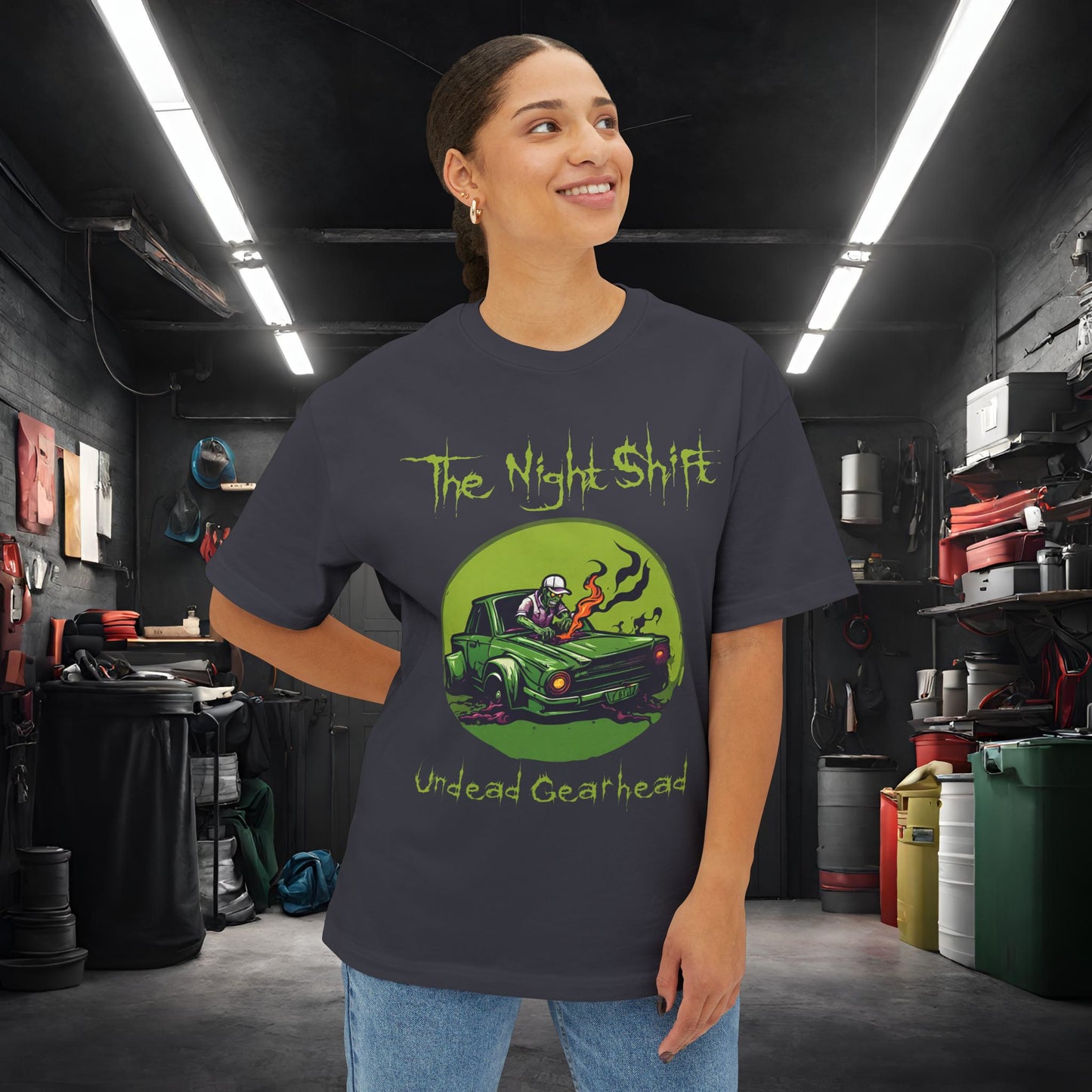 Undead Gearhead Zombie-Premium, Ultra Soft Unisex Oversized Boxy Tee Printify by The Night Shift Automotive Apparel
