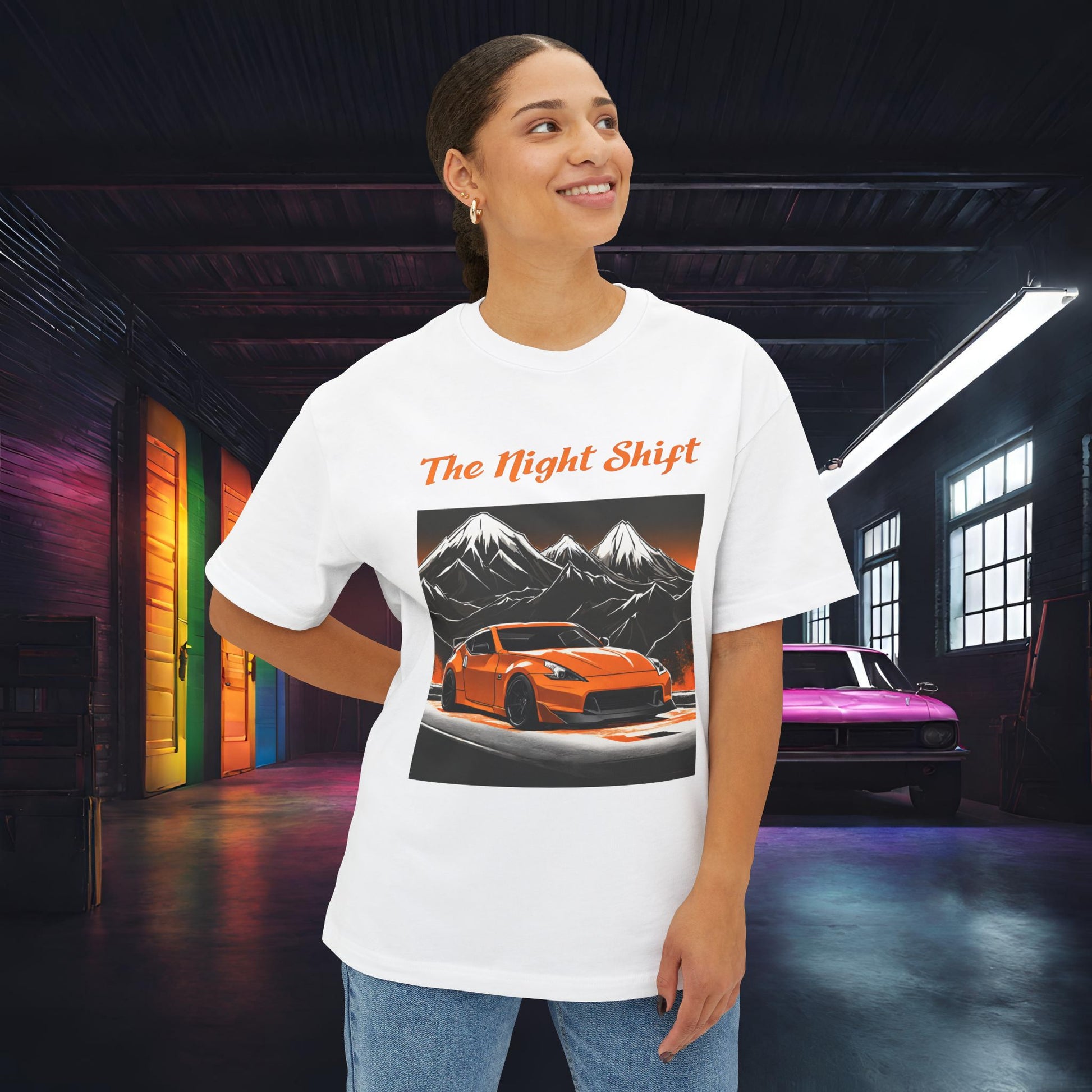 Nissan 370 Mountains-Premium, Ultra Soft, Unisex Oversized Boxy Tee Printify by The Night Shift Automotive Apparel