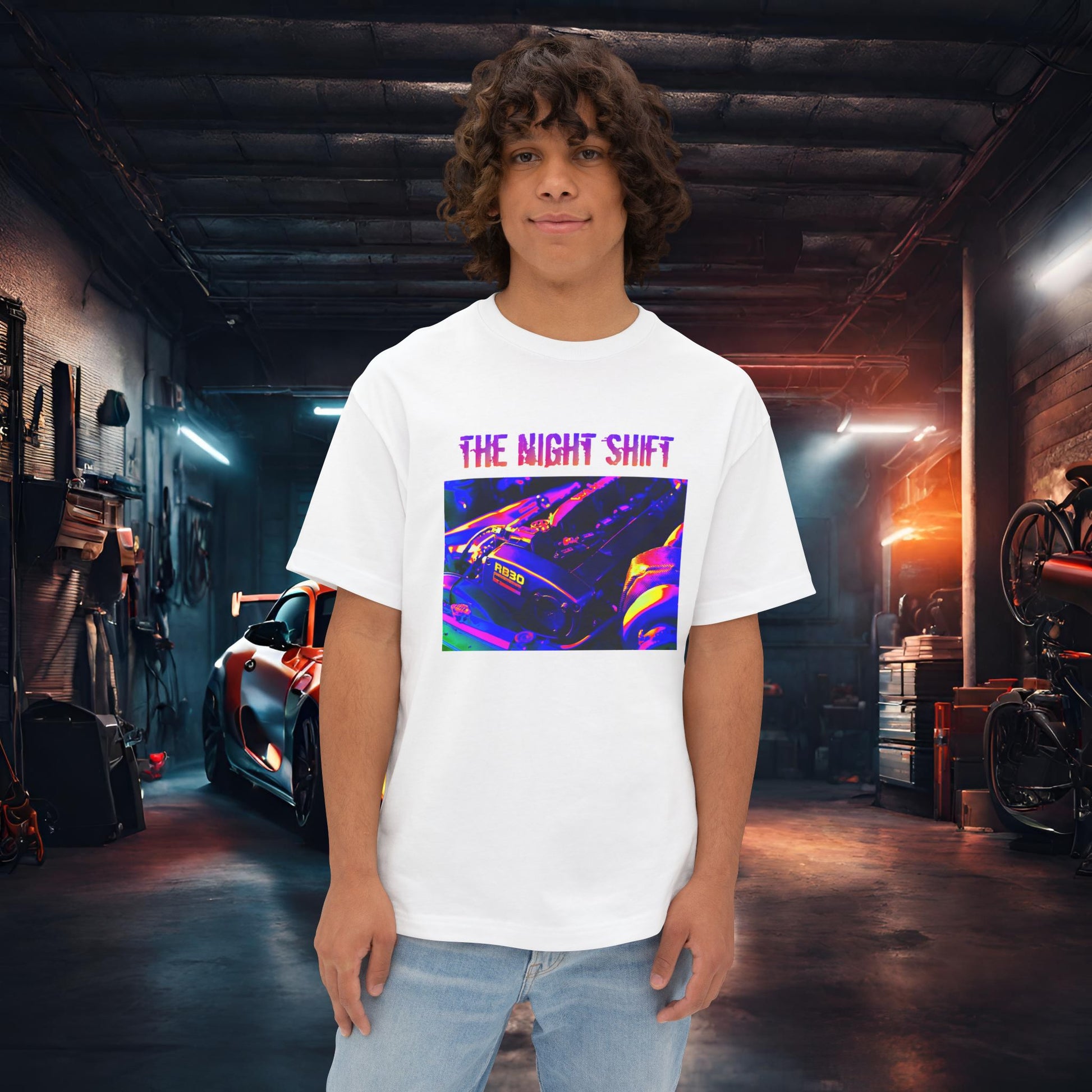 RB30 Synthwave-Premium, Ultra Soft Unisex Oversized Boxy Tee White Printify by The Night Shift Automotive Apparel