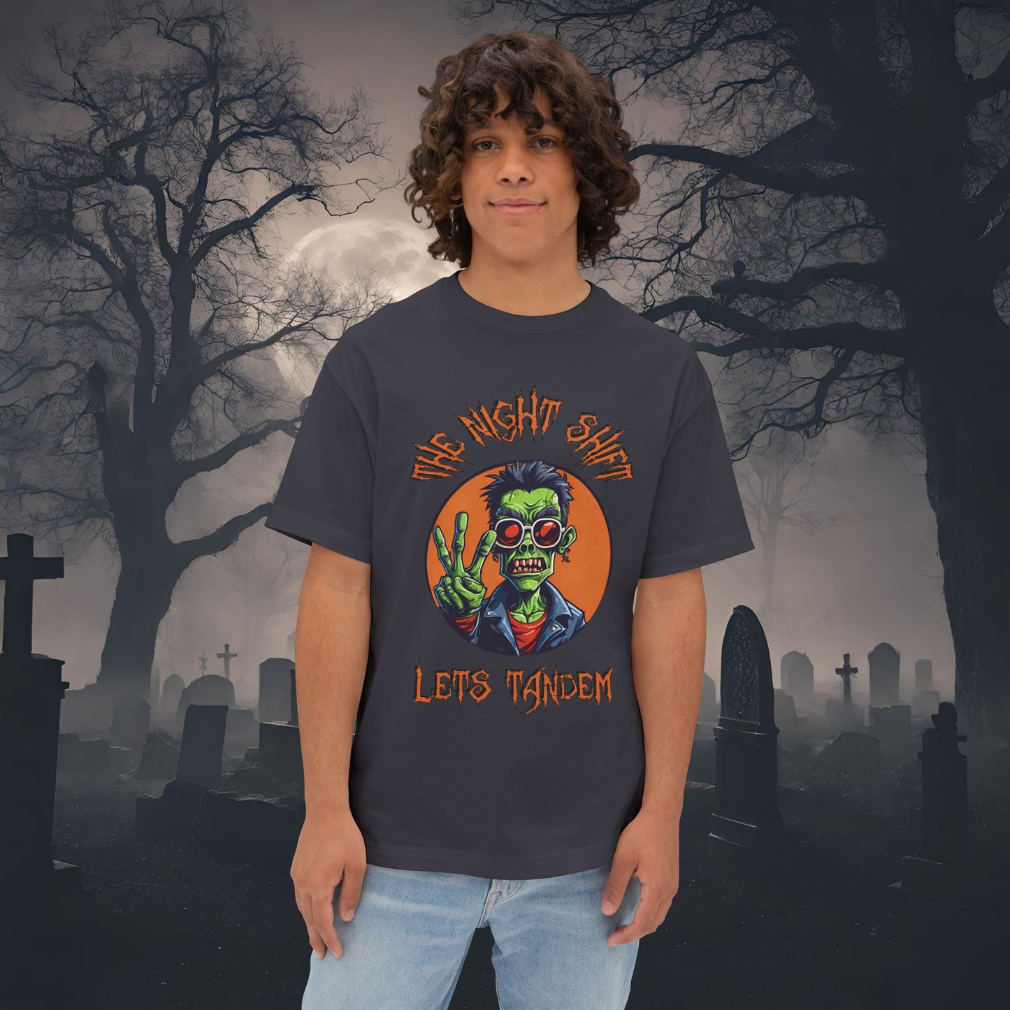 Lets Tandem Drift Zombie-Premium, Ultra Soft Unisex Oversized Boxy Tee Dark Grey Printify by The Night Shift Automotive Apparel