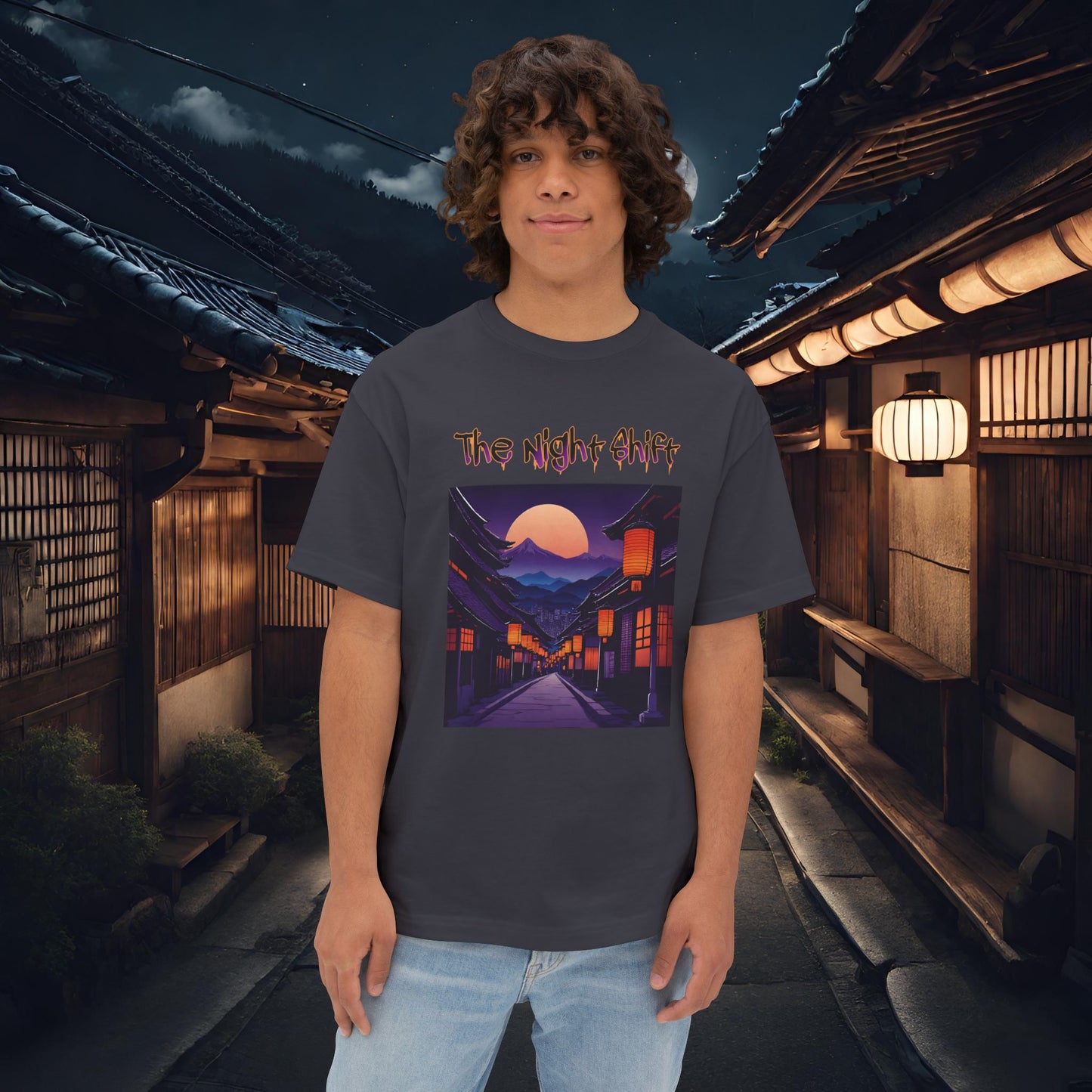 Moonlit Japanese Traditional Village-Premium, Ultra Soft Unisex Oversized Boxy Tee Dark Grey Printify by The Night Shift Automotive Apparel
