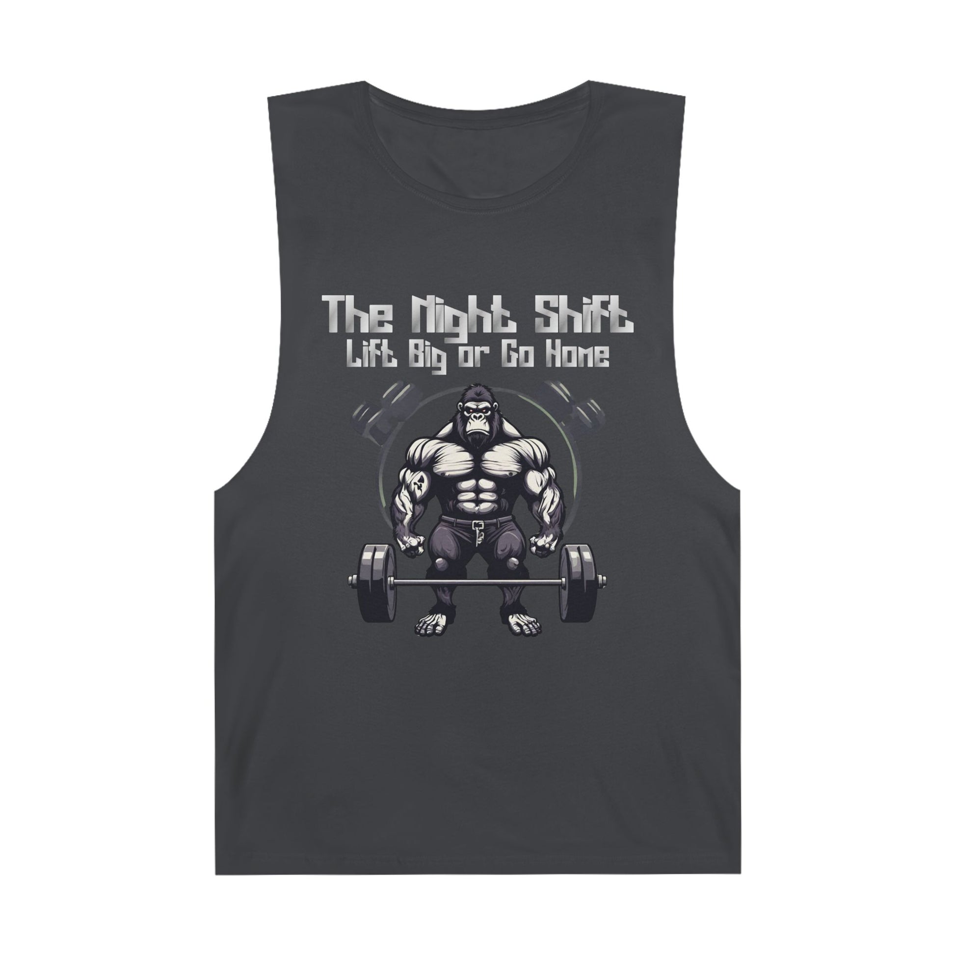 Lift Big or Go Home - Gorilla Body Builder - Premium Unisex Barnard Tank Top Coal Printify by The Night Shift Automotive Apparel
