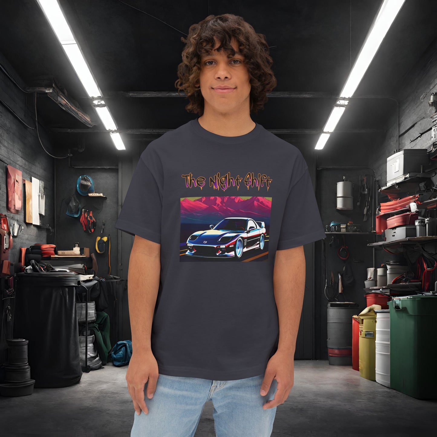 Mazda RX7 Cruising-Premium, Ultra Soft Unisex Oversized Boxy Tee Dark Grey Printify by The Night Shift Automotive Apparel