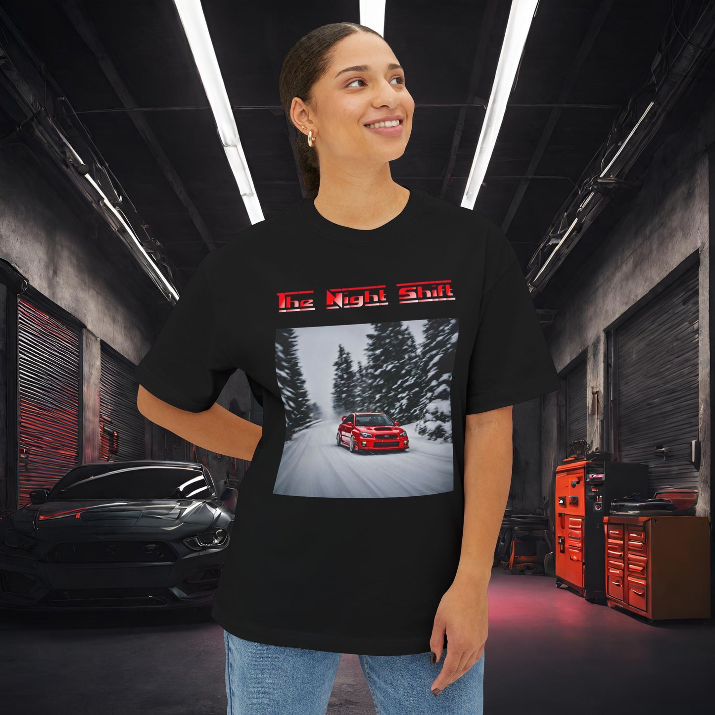 Subaru Impreza WRX/STI Snow Drifting-Premium, Ultra Soft Unisex Oversized Boxy Tee Printify by The Night Shift Automotive Apparel