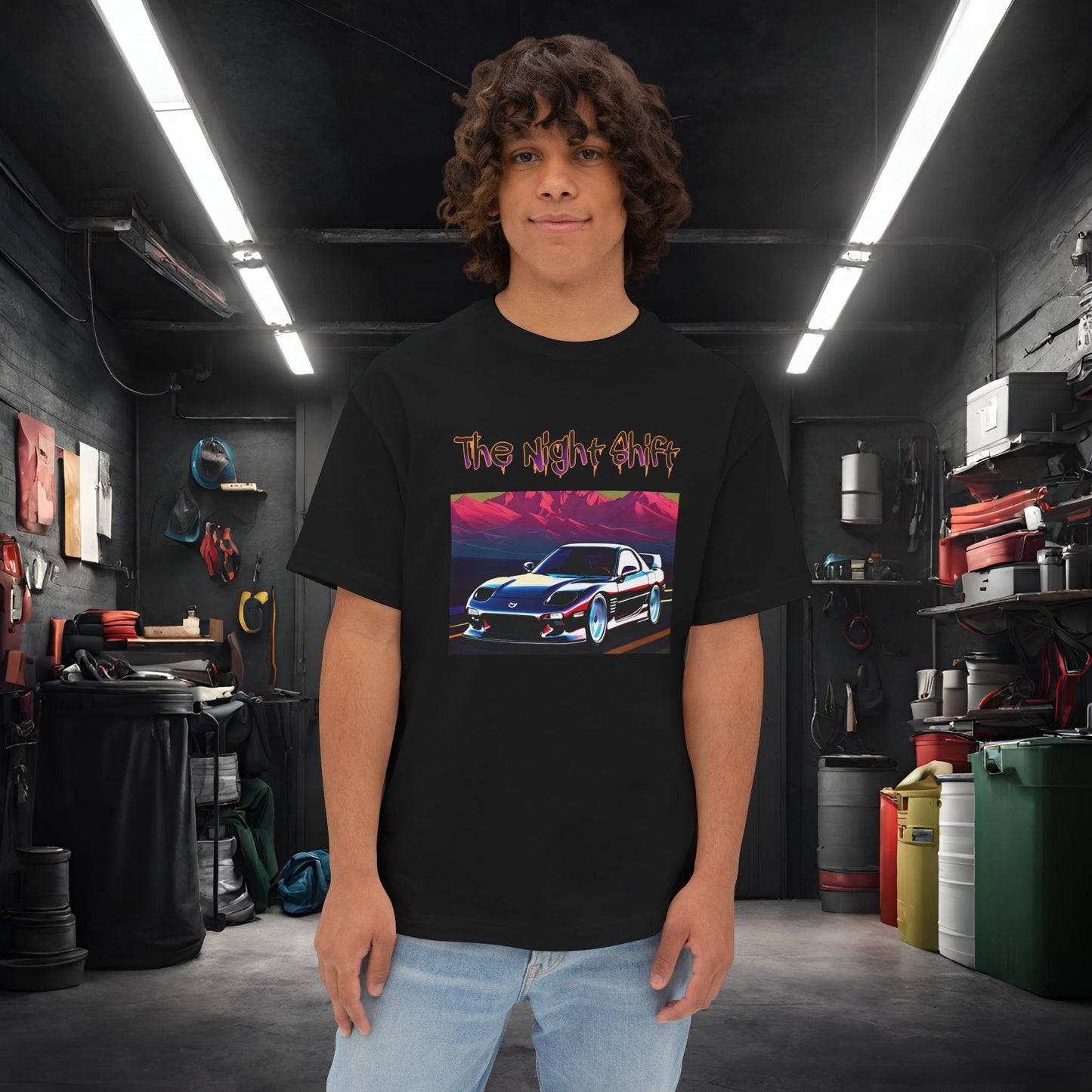 Mazda RX7 Cruising-Premium, Ultra Soft Unisex Oversized Boxy Tee Black Printify by The Night Shift Automotive Apparel