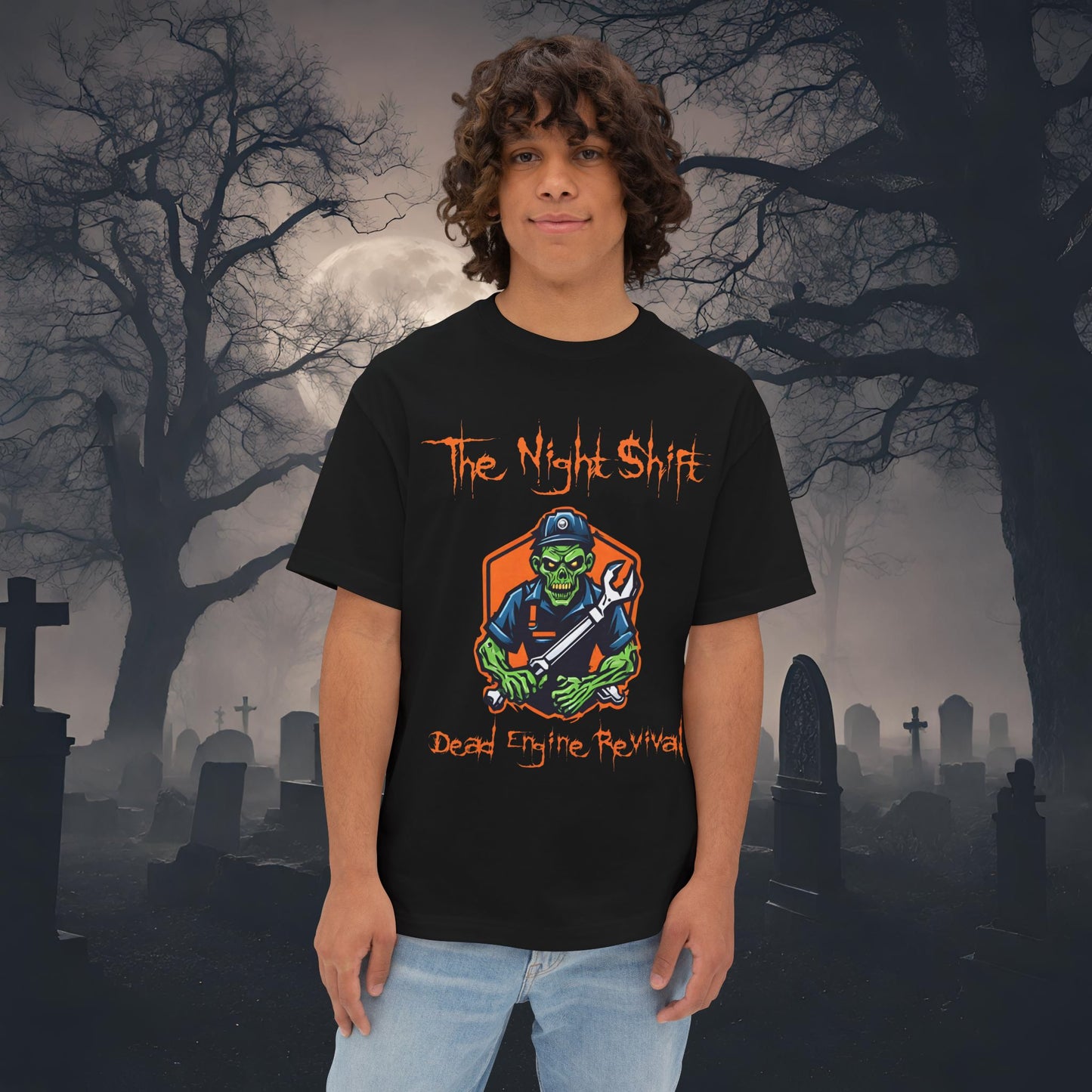 Zombie Dead Engine Revival-Premium, Ultra Soft Unisex Oversized Boxy Tee Black Printify by The Night Shift Automotive Apparel