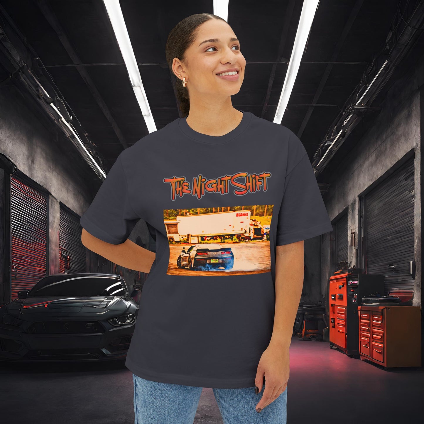 Chevy Corvette C7 Drifting Lebanon Valley-Premium, Ultra Soft Unisex Oversized Boxy Tee Printify by The Night Shift Automotive Apparel