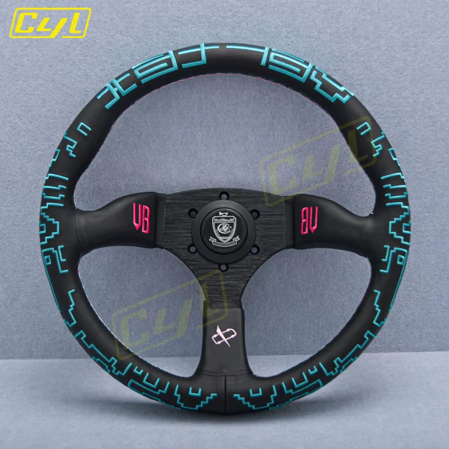 VERTEX x Bowz 350mm Genuine Leather Embroidered Deep Dish Steering Wheels Black The Night Shift Performance Street Gear by The Night Shift Automotive Apparel