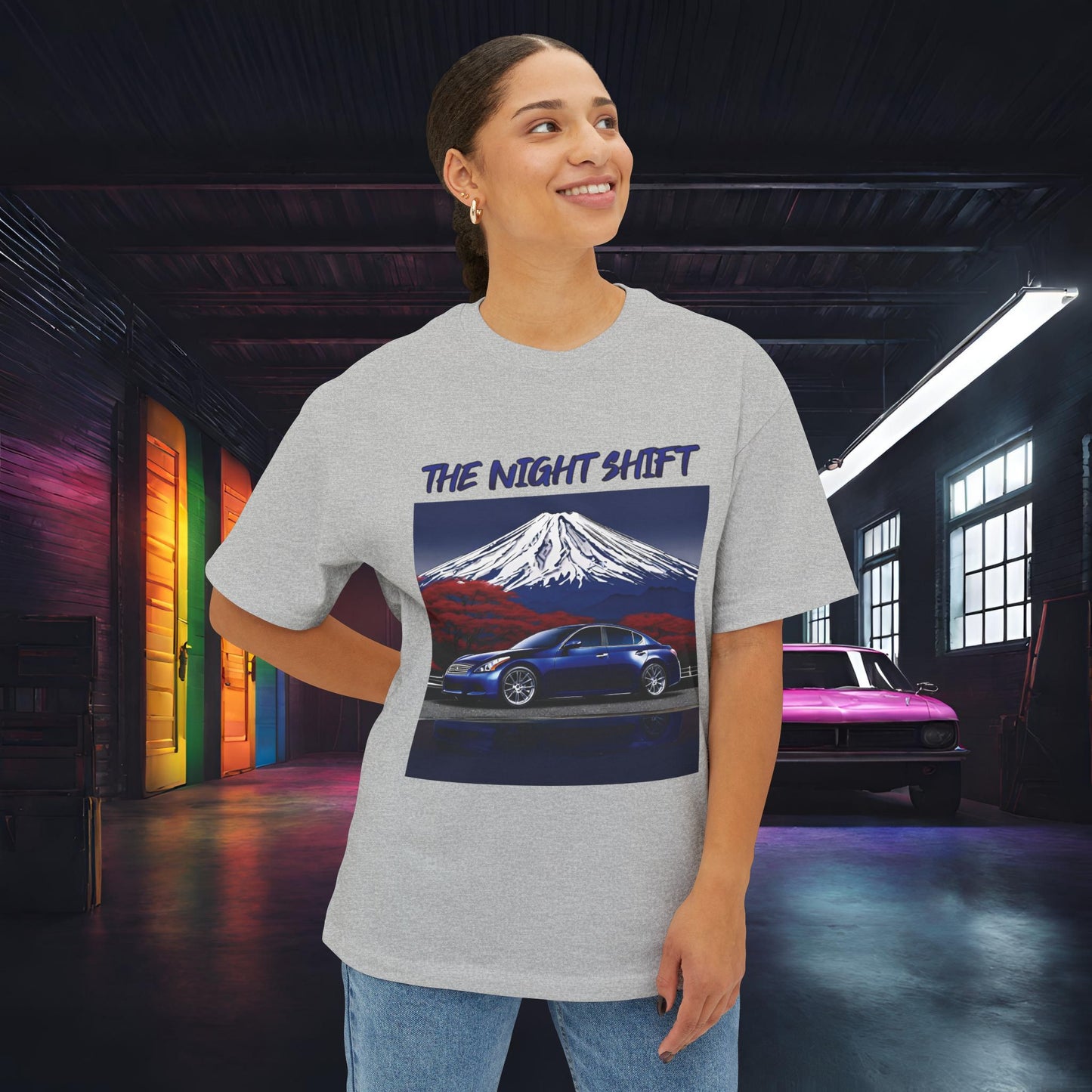 Infiniti G37 Sedan Mt Fuji-Premium, Ultra Soft Unisex Oversized Boxy Tee Printify by The Night Shift Automotive Apparel