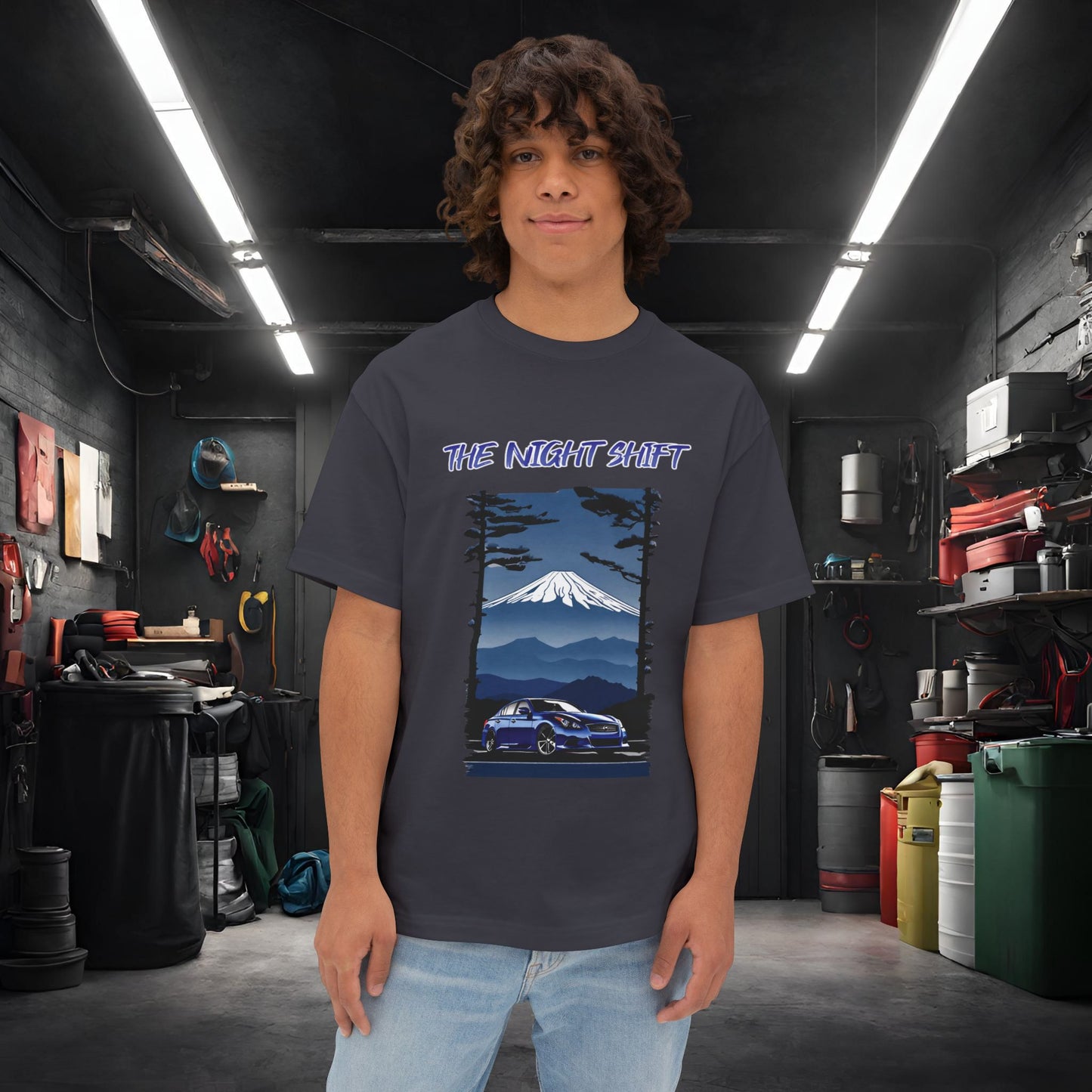 Infiniti G37 Sedan Mt Fuji-Premium, Ultra Soft Unisex Oversized Boxy Tee Dark Grey Printify by The Night Shift Automotive Apparel