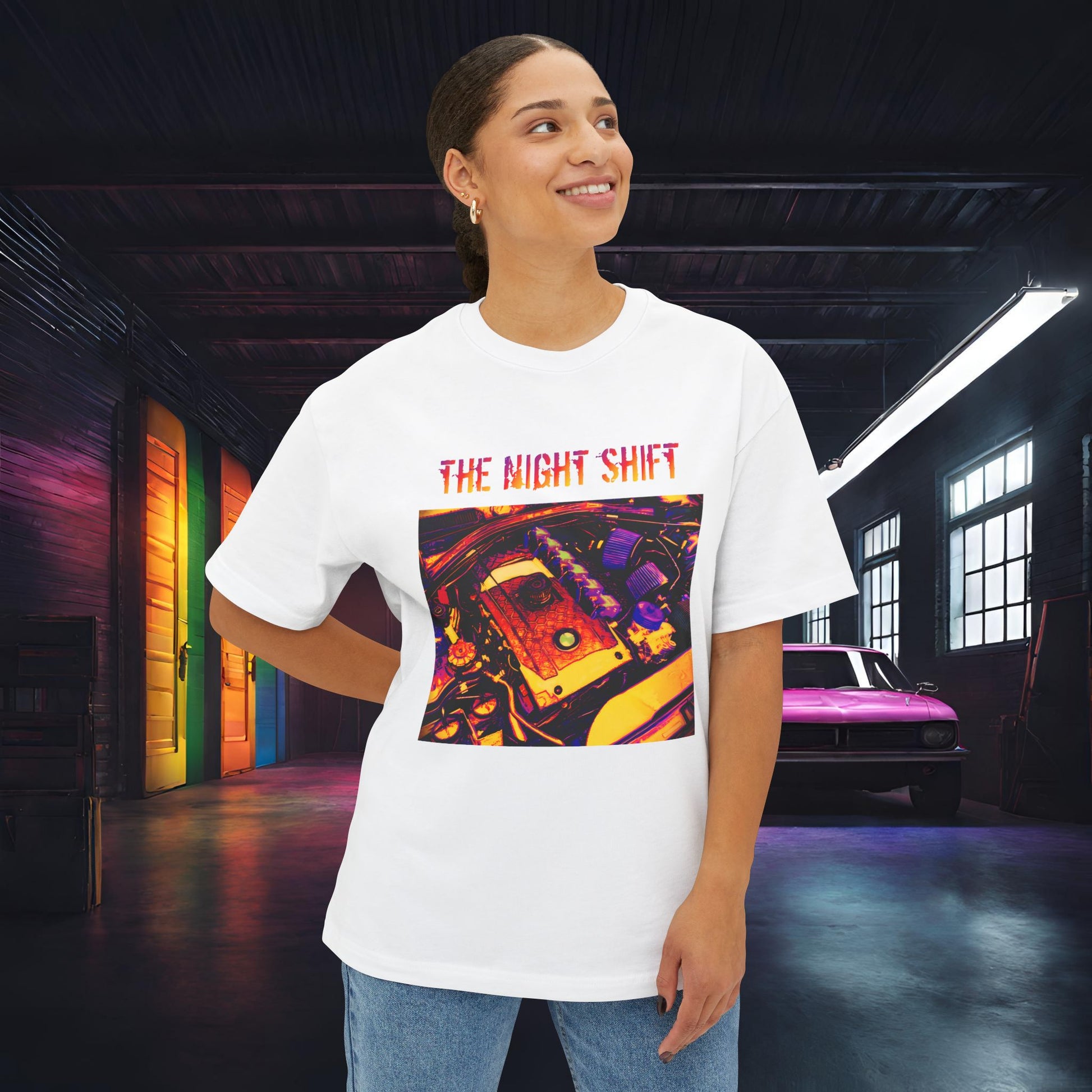 N54 Synthwave Unisex Oversized Boxy Tee Printify by The Night Shift Automotive Apparel