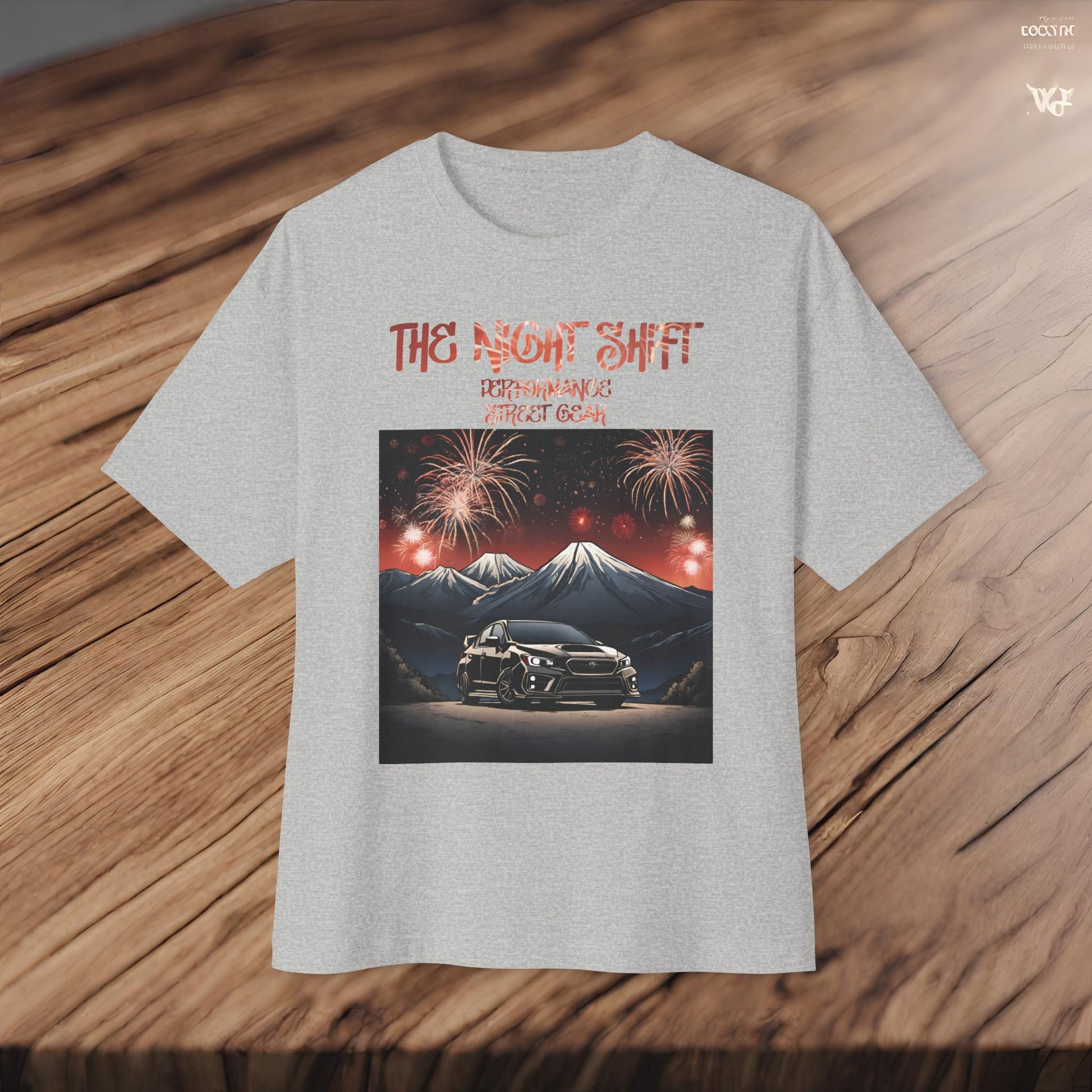 Subaru WRX/STI Fireworks In The Mountains-Premium, Ultra Soft Unisex Oversized Boxy Tee Printify by The Night Shift Automotive Apparel
