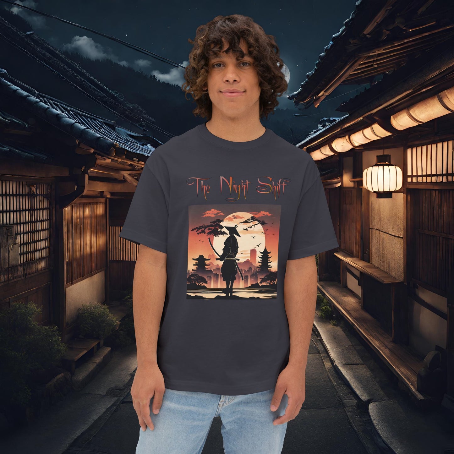 Samurai Full Moon Silhouette-Premium, Ultra Soft Unisex Oversized Boxy Tee Dark Grey Printify by The Night Shift Automotive Apparel