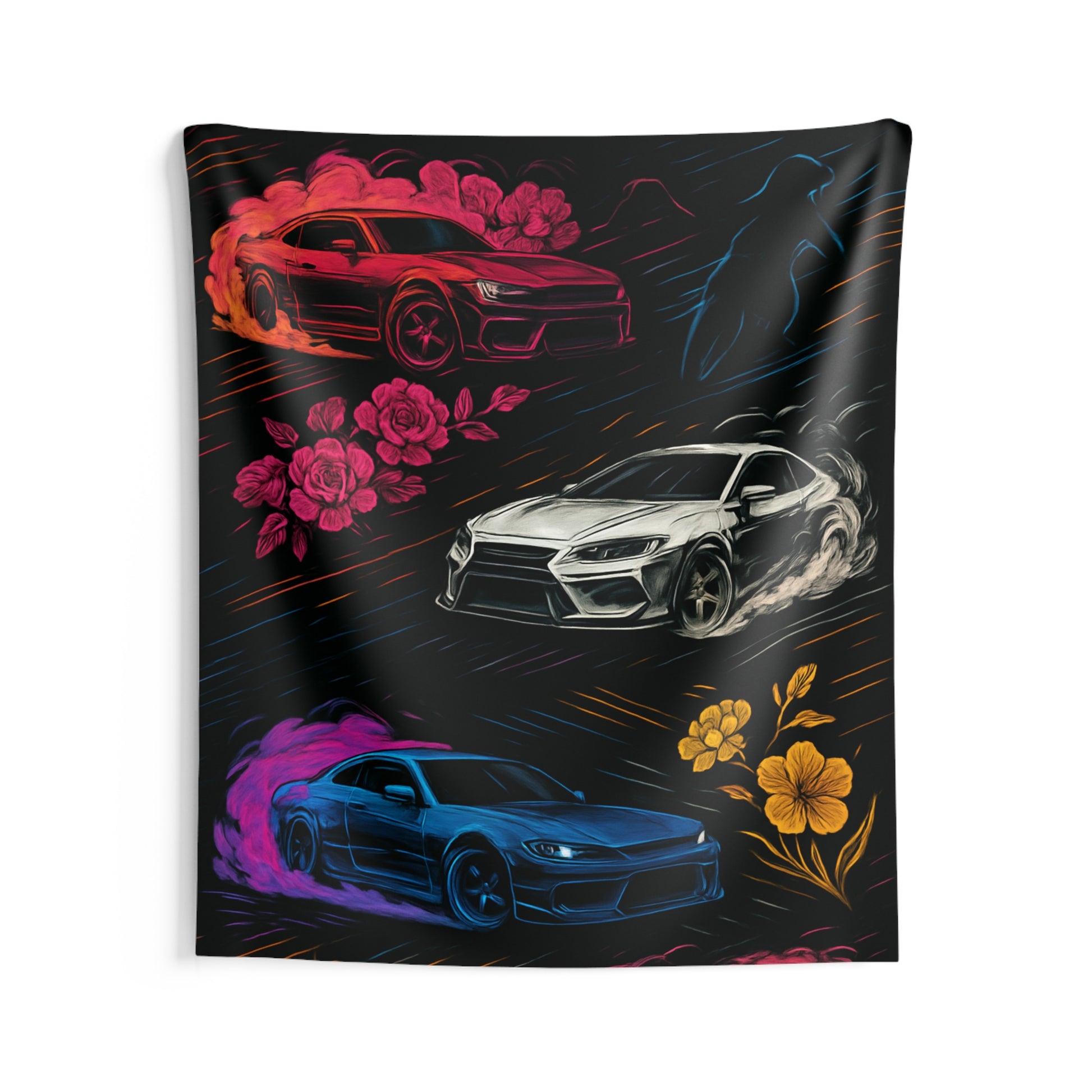 Cars Floral Indoor Wall Tapestries - Shop Banner 68" × 80" Printify by The Night Shift Automotive Apparel
