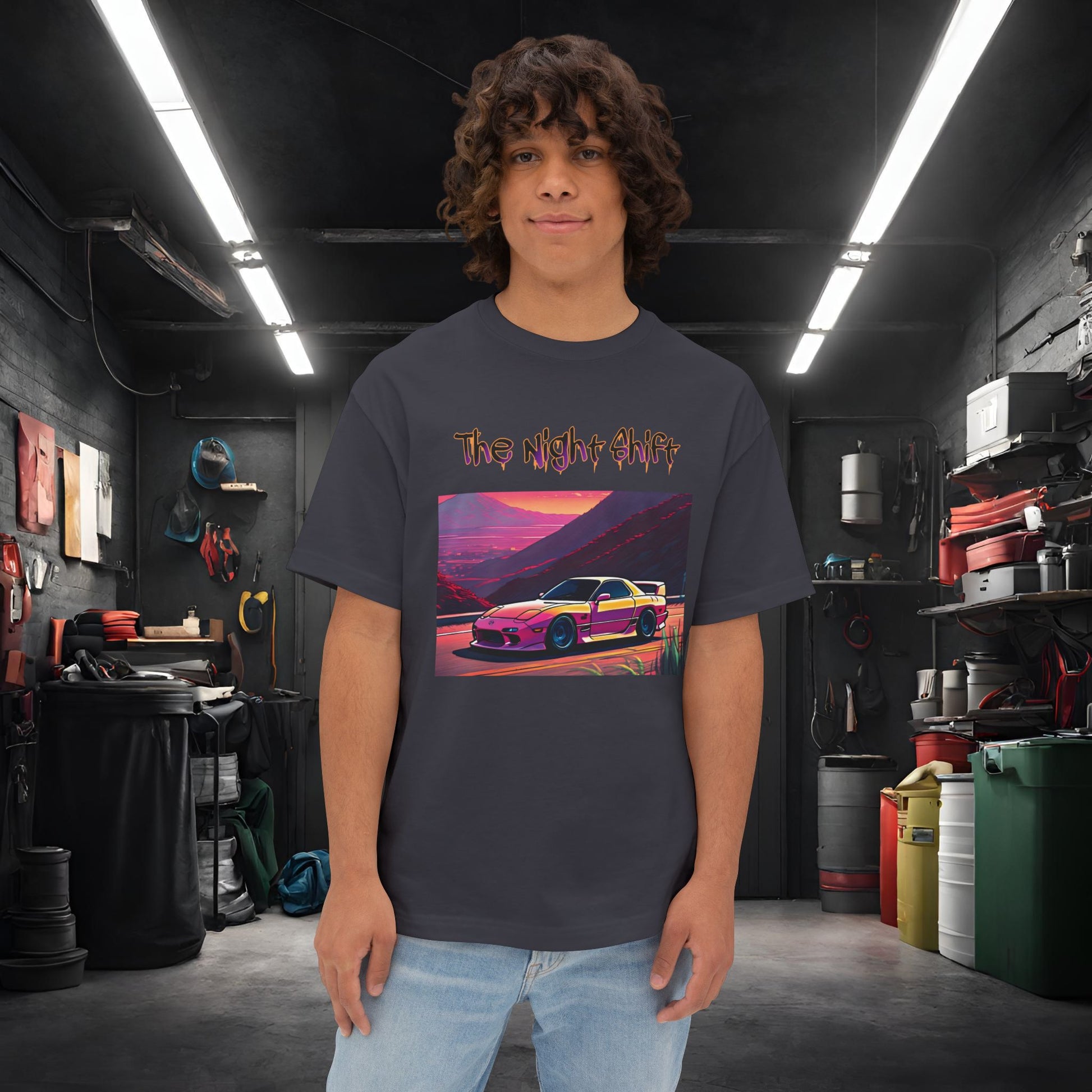 Mazda RX7 Synthwave-Premium, Ultra Soft Unisex Oversized Boxy Tee Dark Grey Printify by The Night Shift Automotive Apparel
