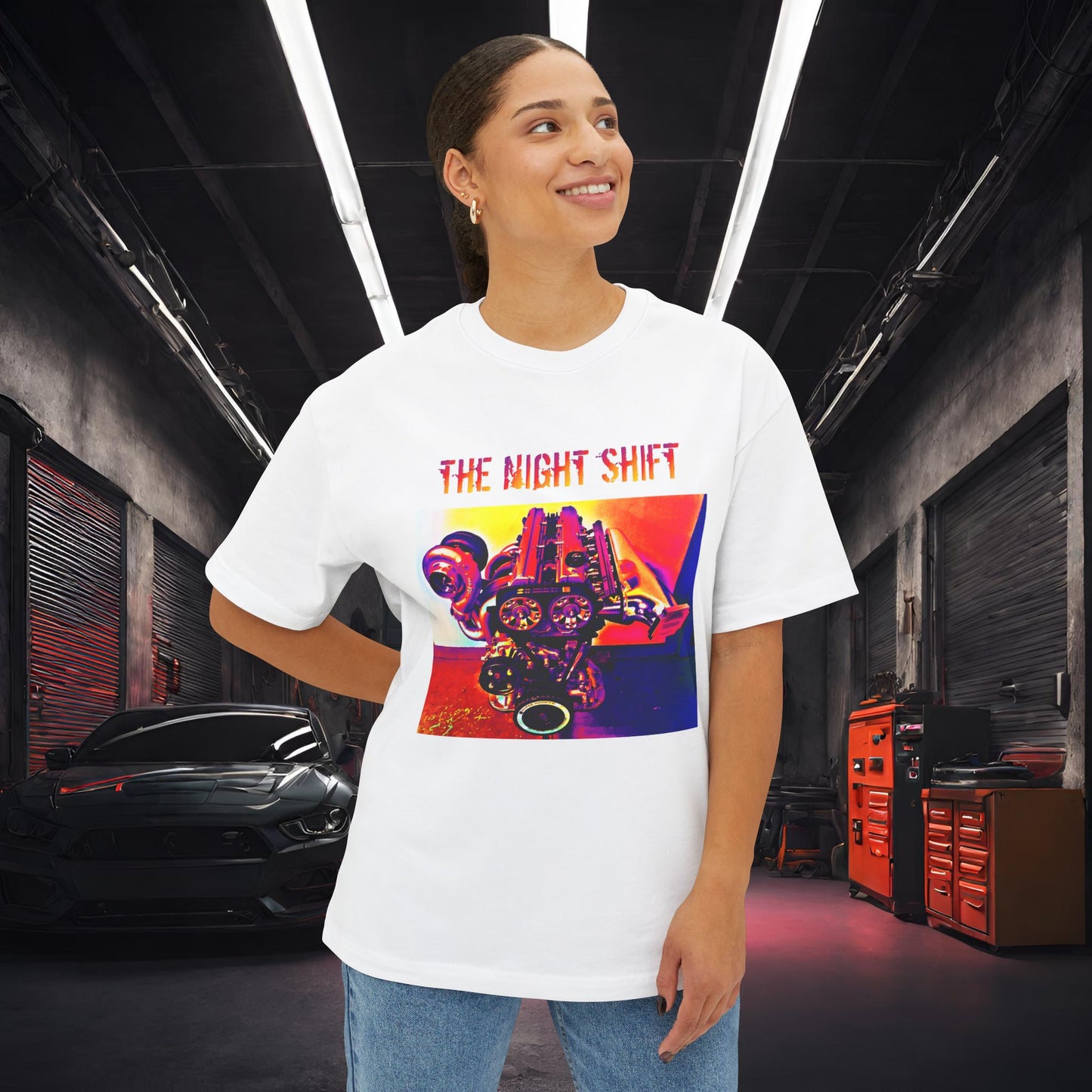 2JZ-GTE Single Turbo Synthwave-Premium, Ultra Soft Unisex Oversized Boxy Tee Printify by The Night Shift Automotive Apparel