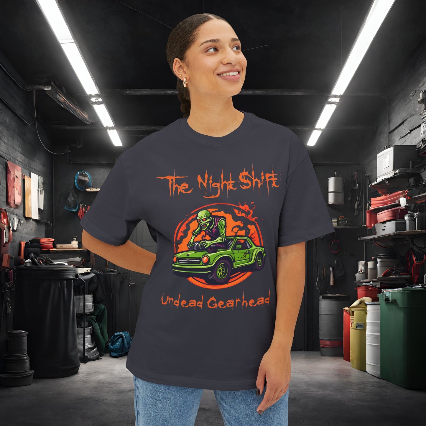 Undead Gearhead Zombie-Premium, Ultra Soft Unisex Oversized Boxy Tee Printify by The Night Shift Automotive Apparel