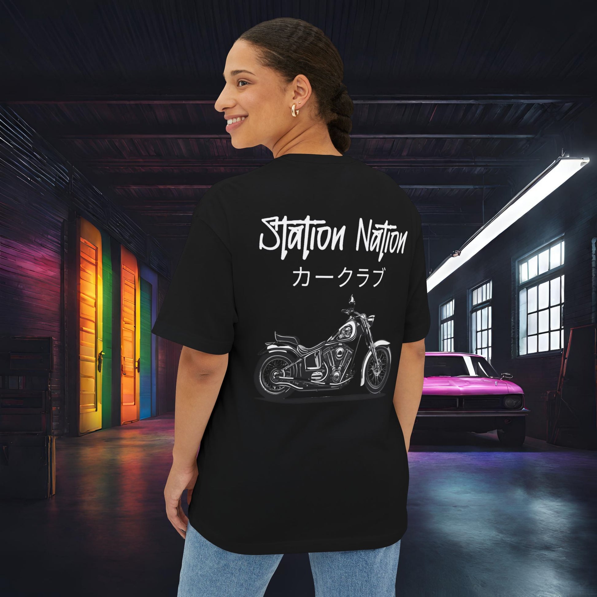 Station Nation-Premium, Ultra Soft Unisex Oversized Boxy Tee Black Printify by The Night Shift Automotive Apparel