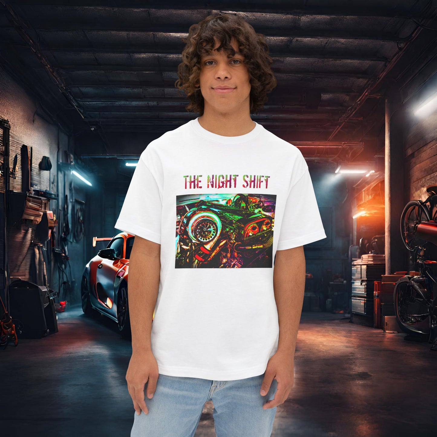 2JZ-GTE Single Turbo Synthwave-Premium, Ultra Soft Unisex Oversized Boxy Tee White Printify by The Night Shift Automotive Apparel