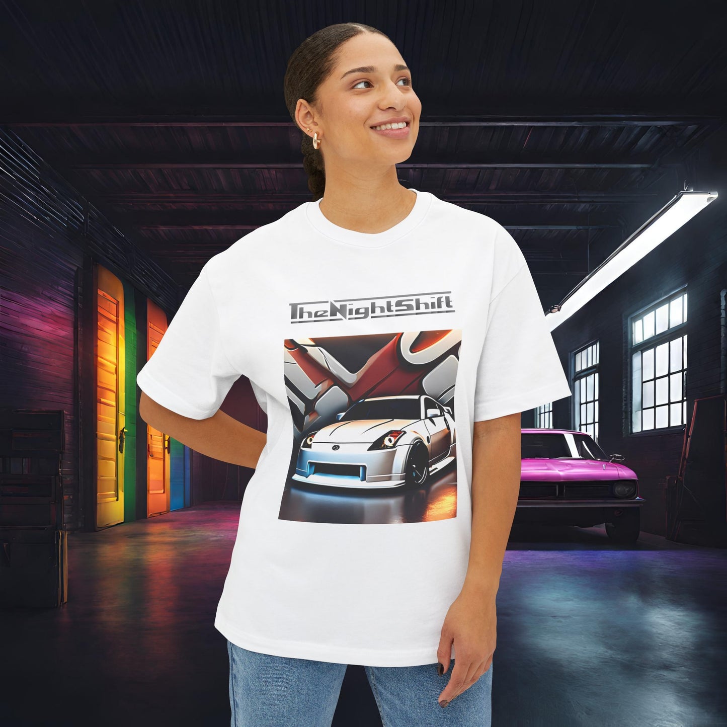 Nissan 350z Graffiti Wall-Premium, Ultra Soft, Unisex Oversized Boxy Tee Printify by The Night Shift Automotive Apparel