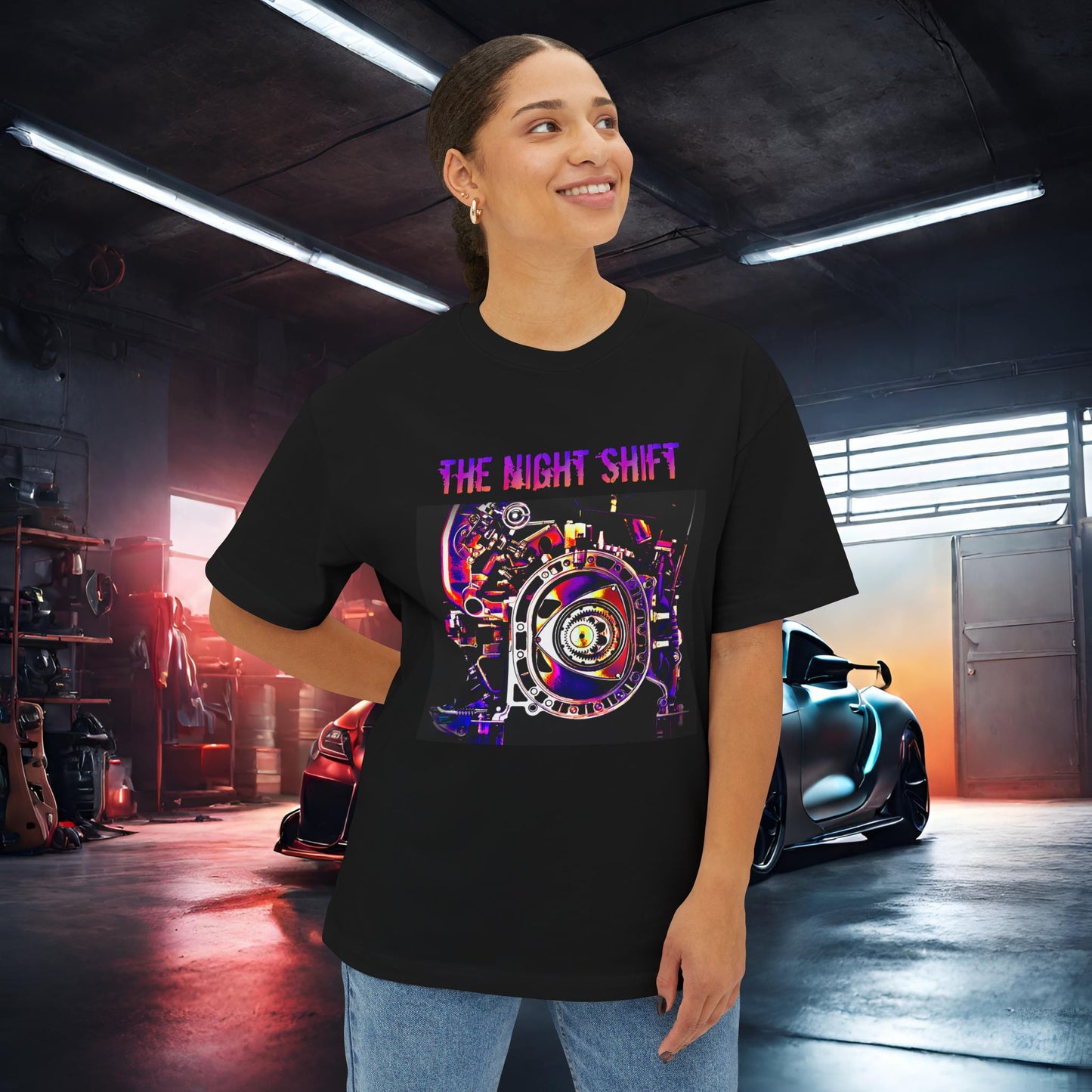 13B-REW Synthwave-Premium, Ultra Soft Unisex Oversized Boxy Tee Printify by The Night Shift Automotive Apparel