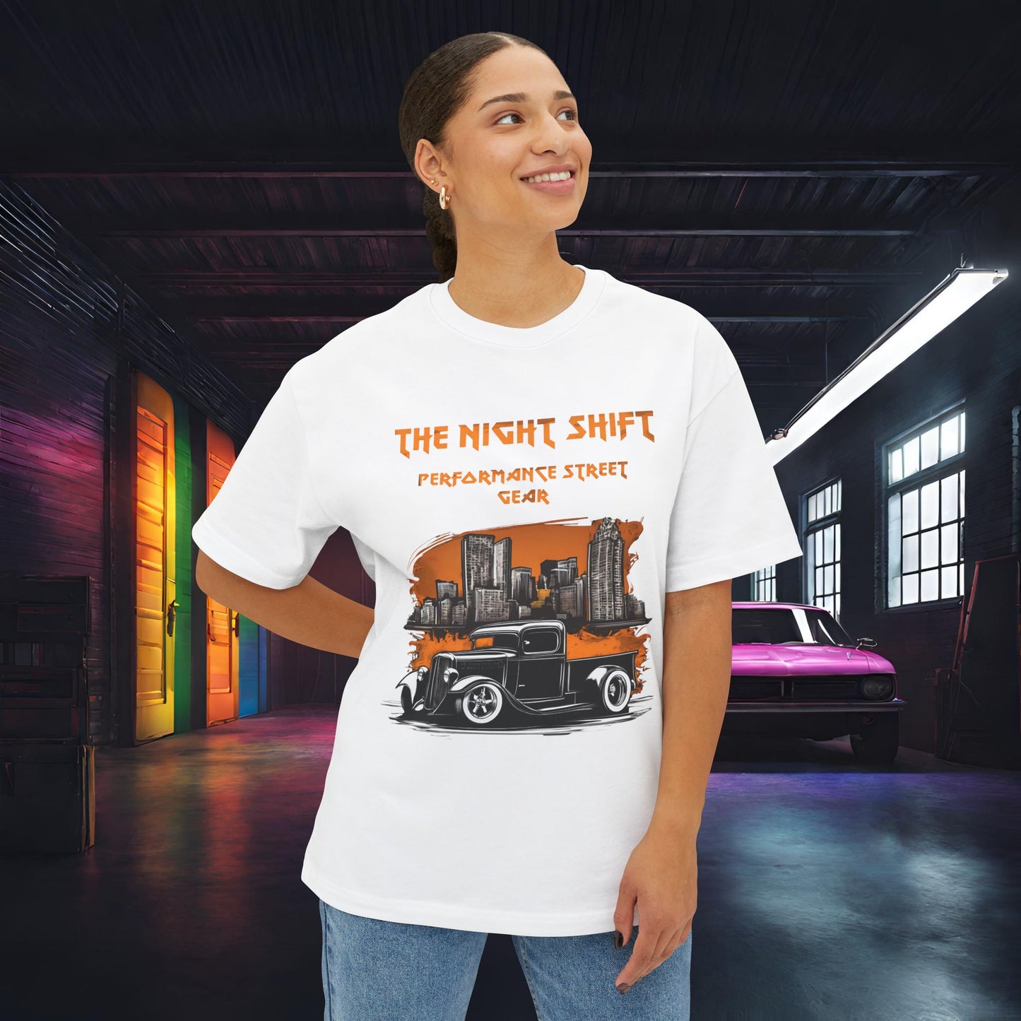 1930's Hot Rod Pick Up Urban Streets-Premium, Ultra Soft Unisex Oversized Boxy Tee Printify by The Night Shift Automotive Apparel