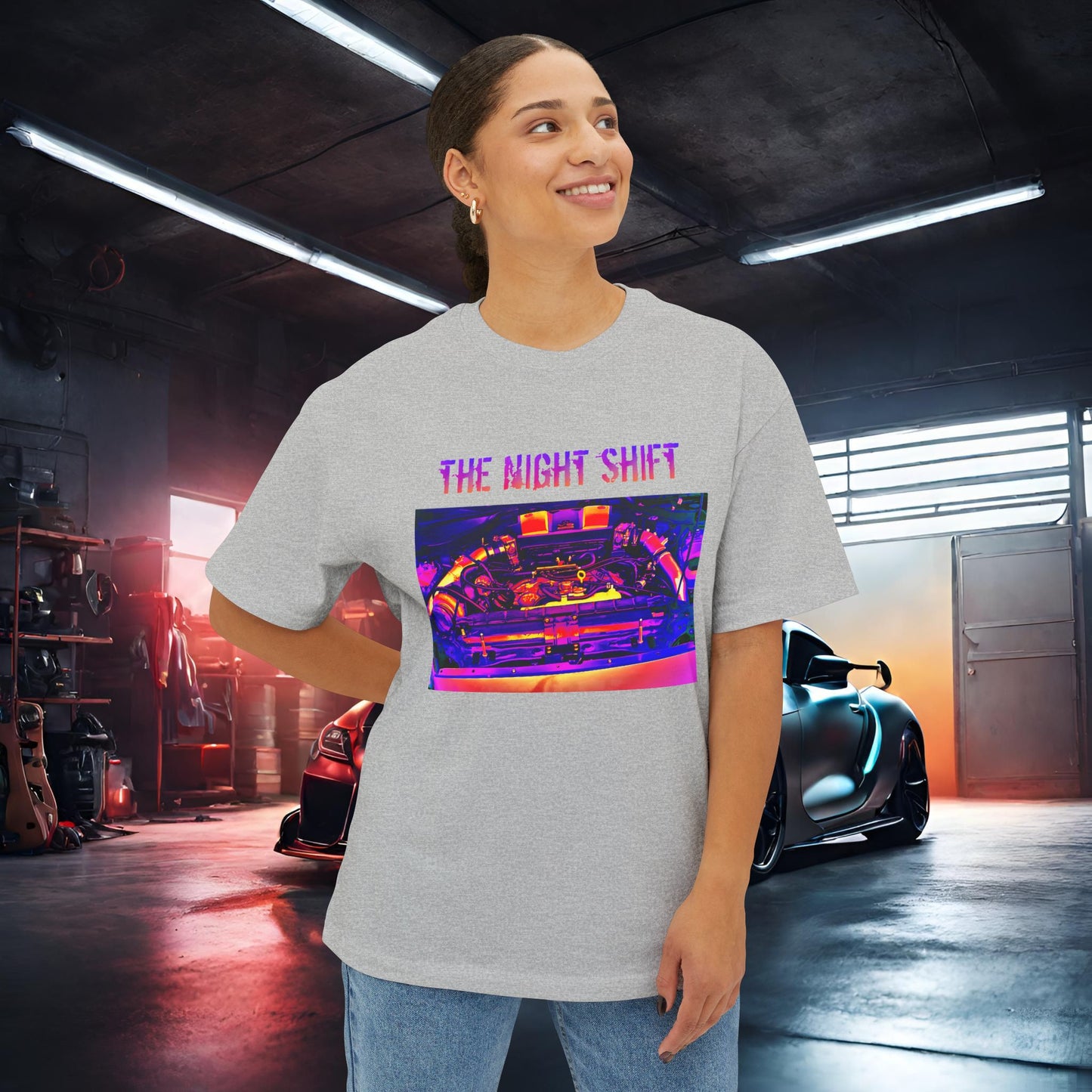 VQ37VHR Single Turbo-Premium, Ultra Soft Synthwave Unisex Oversized Boxy Tee Printify by The Night Shift Automotive Apparel