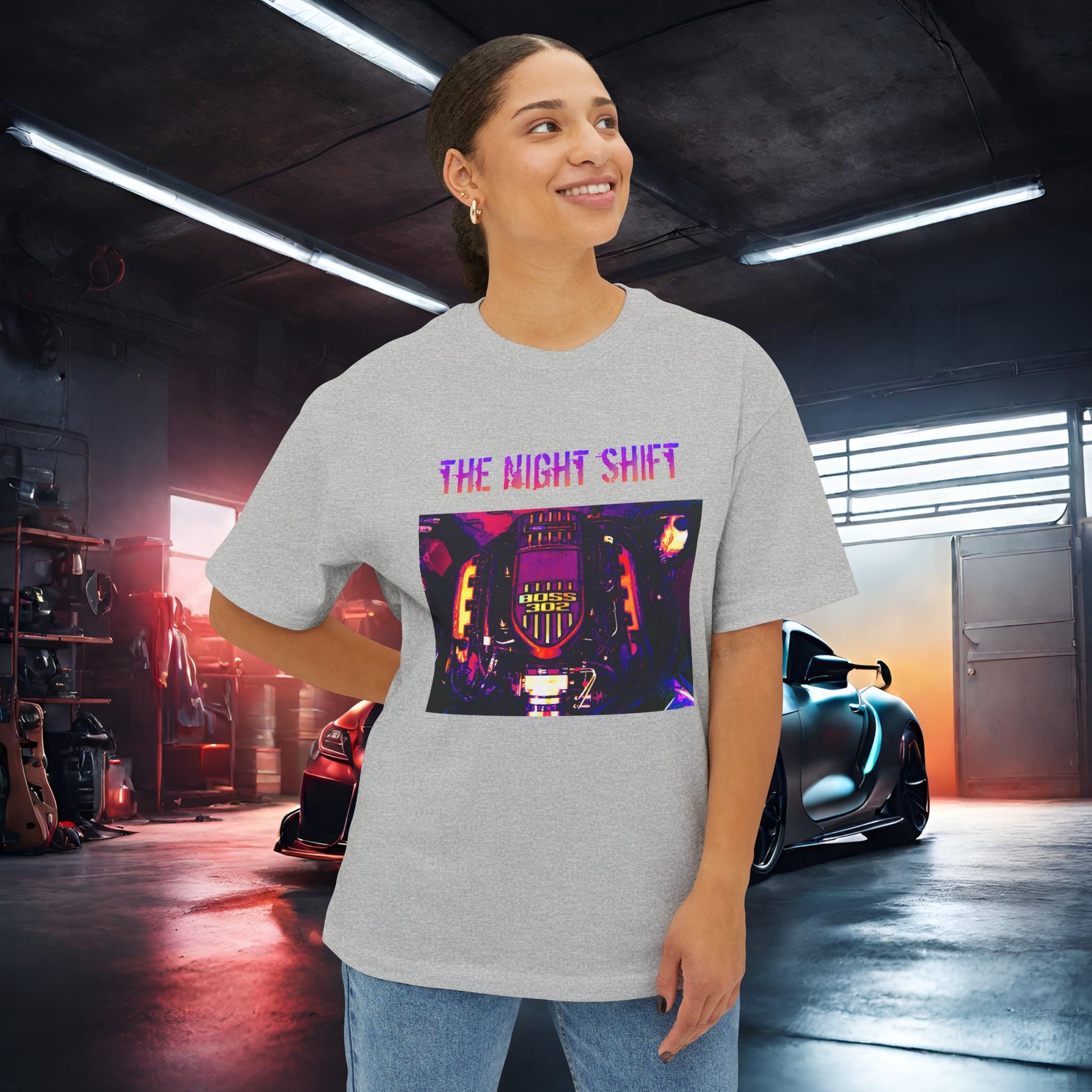 Coyote Boss 302 Synthwave-Premium, Ultra Soft Unisex Oversized Boxy Tee Printify by The Night Shift Automotive Apparel