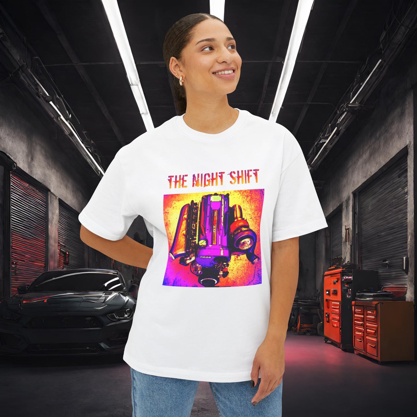 RB26DETT Synthwave-Premium, Ultra Soft Unisex Oversized Boxy Tee Printify by The Night Shift Automotive Apparel