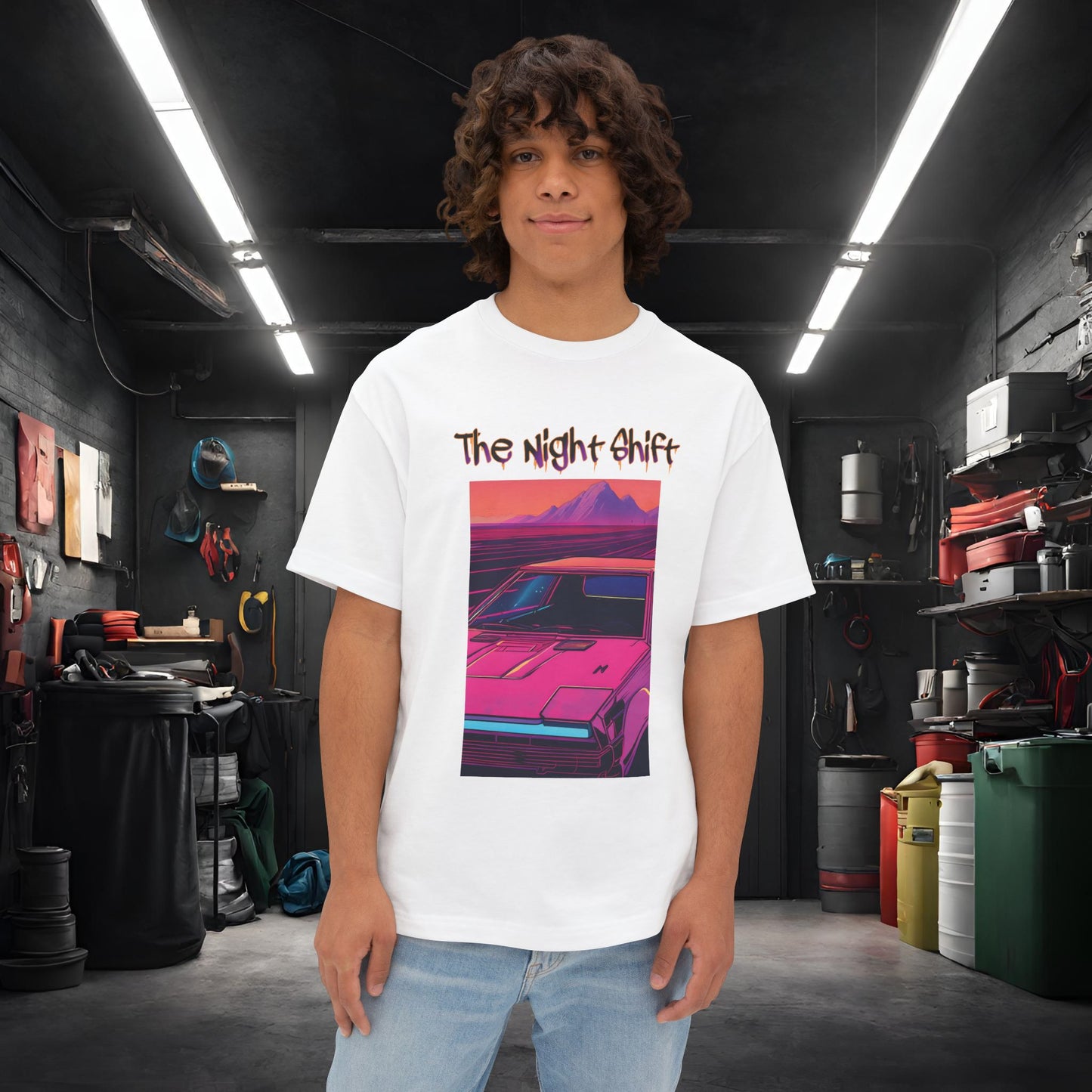 Nostalgic Synthwave-Premium, Ultra Soft Unisex Oversized Boxy Tee White Printify by The Night Shift Automotive Apparel