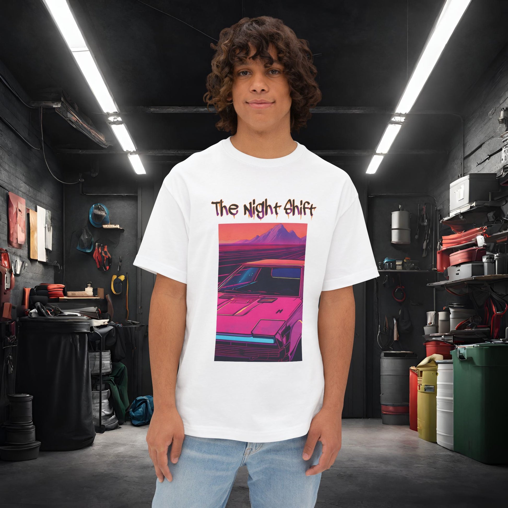 Nostalgic Synthwave-Premium, Ultra Soft Unisex Oversized Boxy Tee White Printify by The Night Shift Automotive Apparel