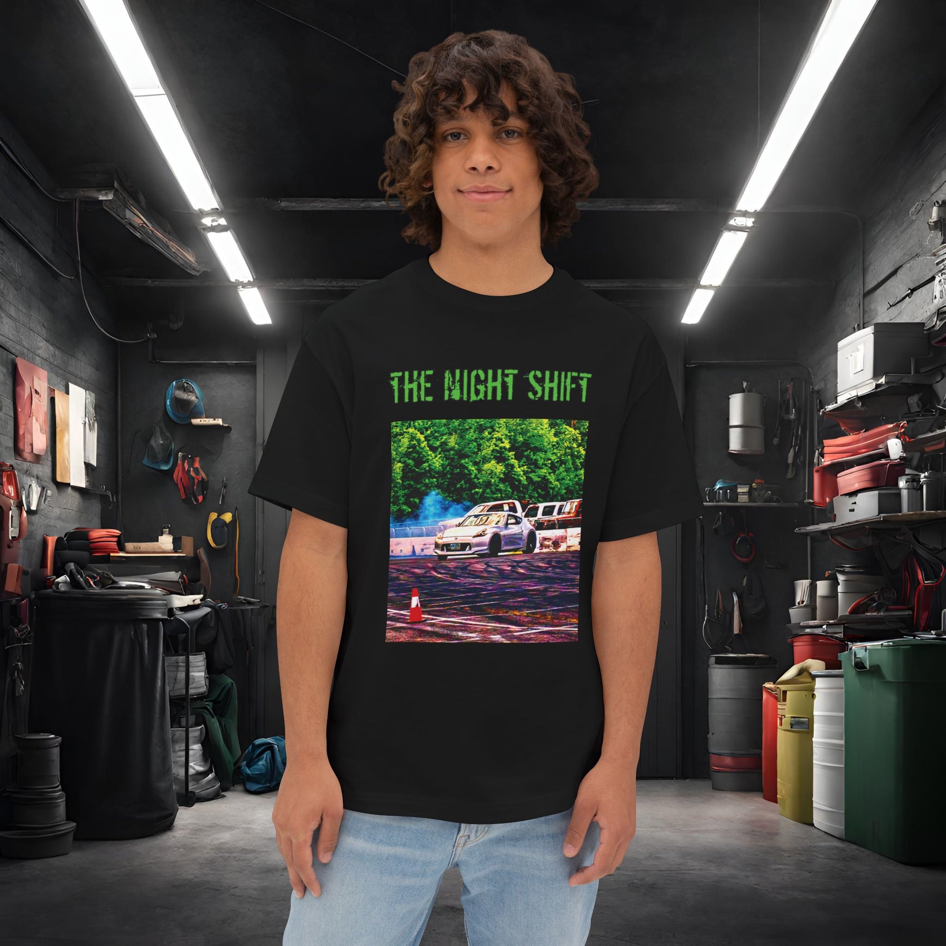Nissan 370z Drifting Nedco NHMS-Premium, Ultra Soft Unisex Oversized Boxy Tee Black Printify by The Night Shift Automotive Apparel