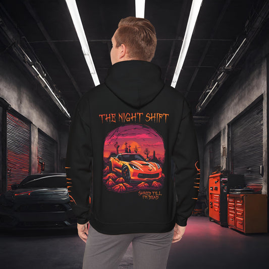 Drift, Shift Chevy Corvette C7 Graveyard- Ultra Soft, Premium Hoodie Black Printify by The Night Shift Automotive Apparel