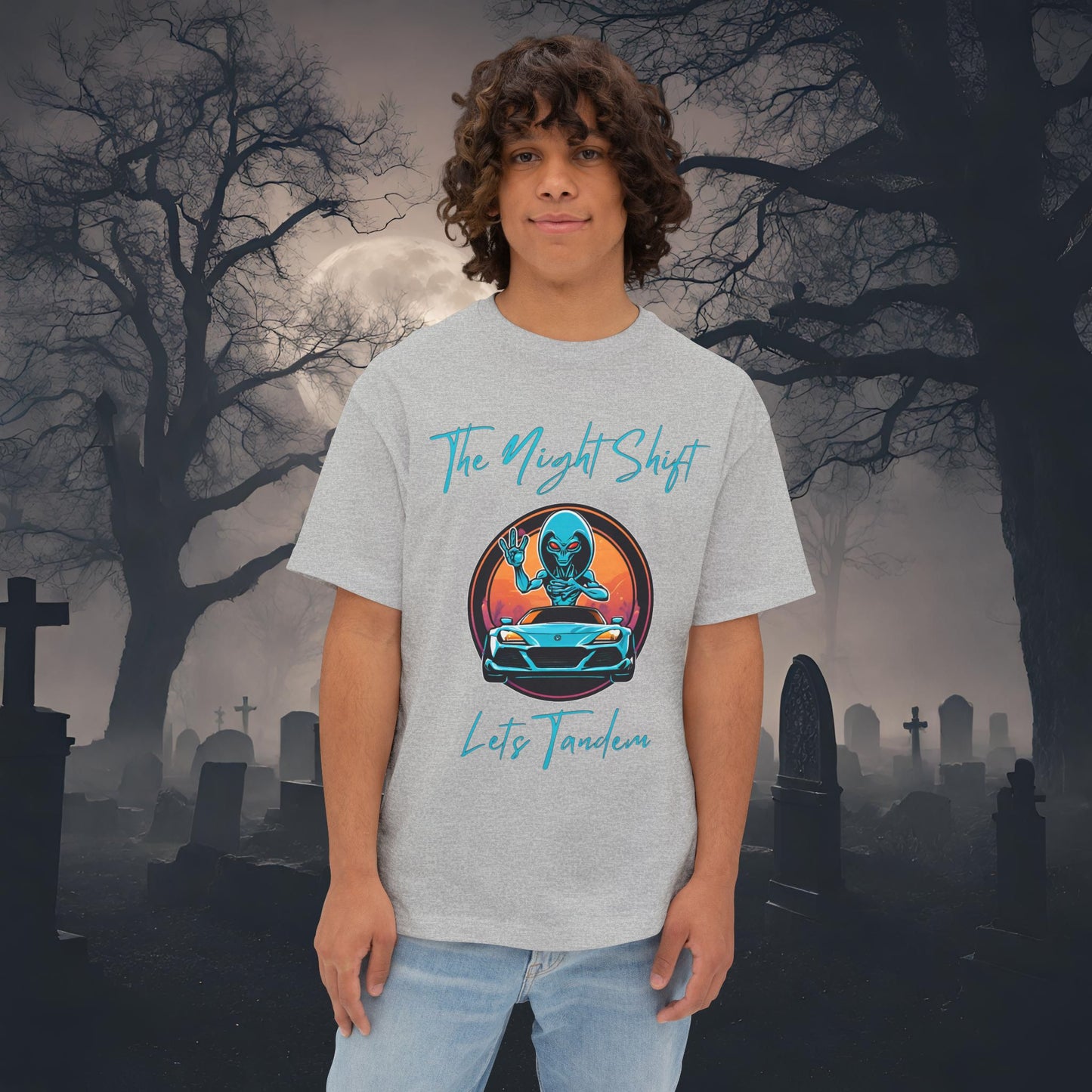 Lets Tandem Alien-Premium, Ultra Soft Unisex Oversized Boxy Tee Athletic Heather Printify by The Night Shift Automotive Apparel