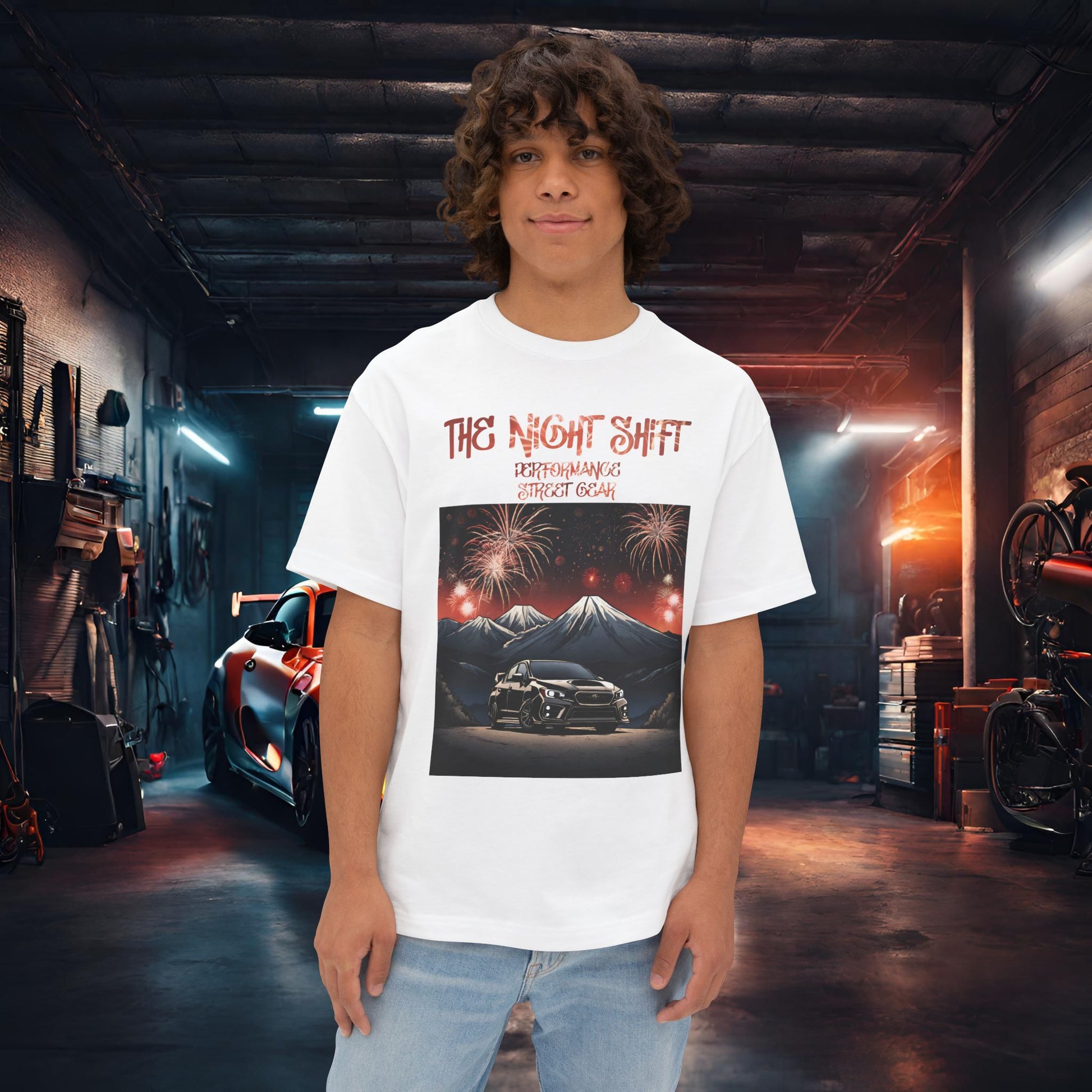Subaru WRX/STI Fireworks In The Mountains-Premium, Ultra Soft Unisex Oversized Boxy Tee White Printify by The Night Shift Automotive Apparel