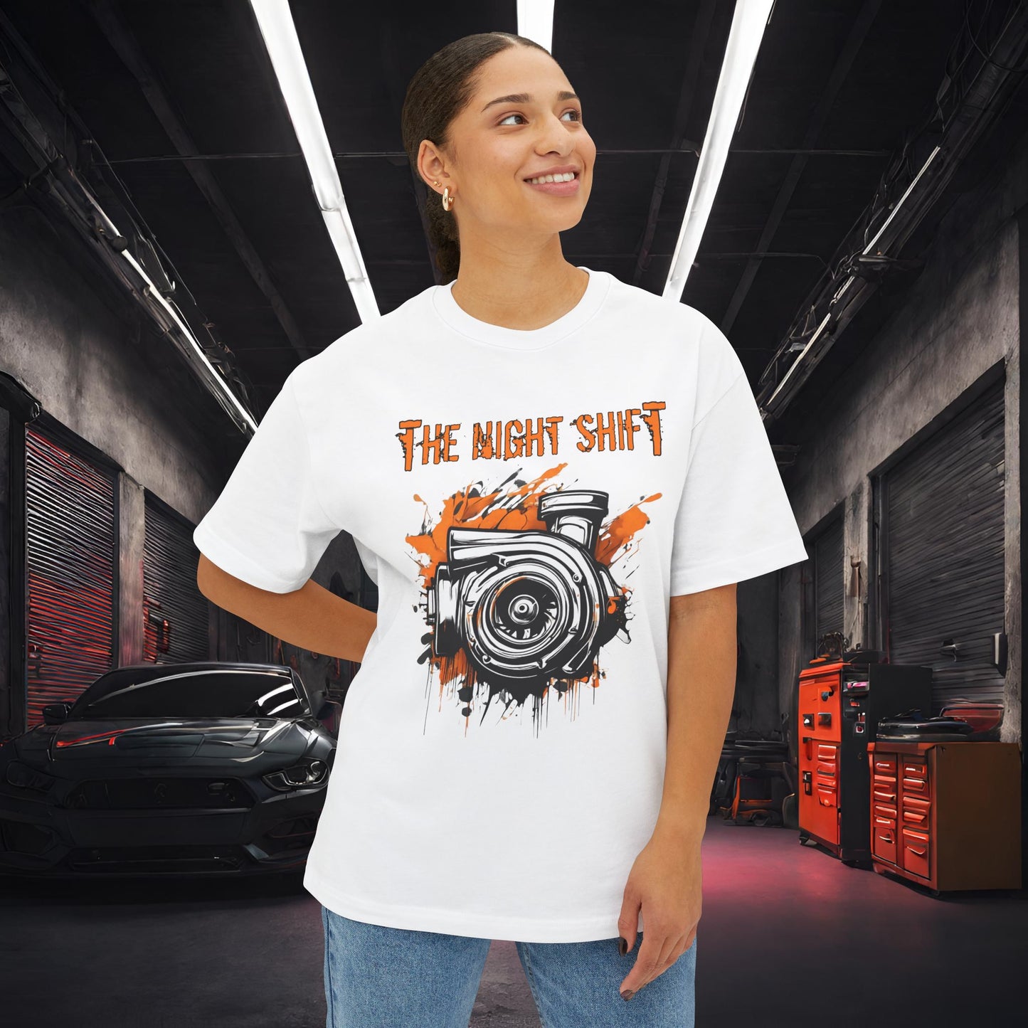 Graffiti Turbo-Premium, Ultra Soft Unisex Oversized Boxy Tee Printify by The Night Shift Automotive Apparel