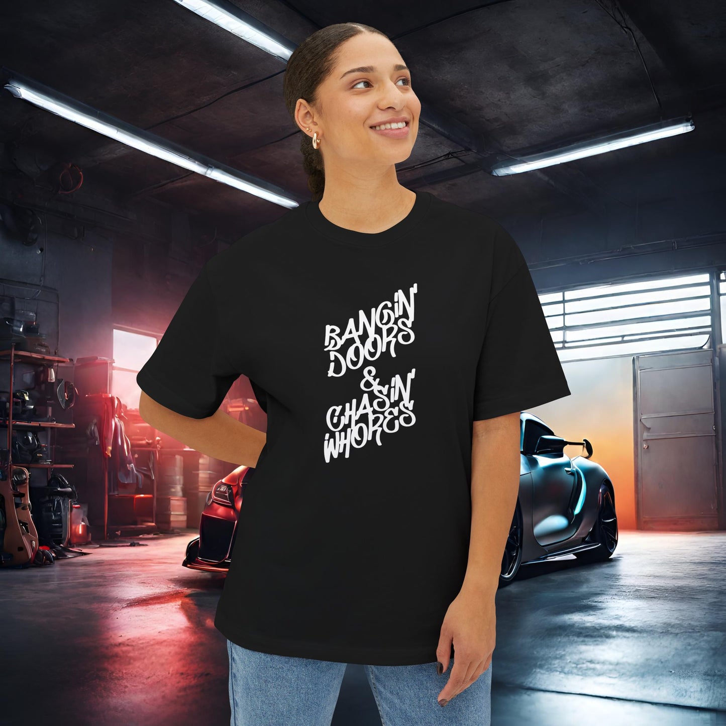 Bangin' Doors & Chasin' Whores-Premium, Ultra Soft Unisex Oversized Boxy Tee Printify by The Night Shift Automotive Apparel