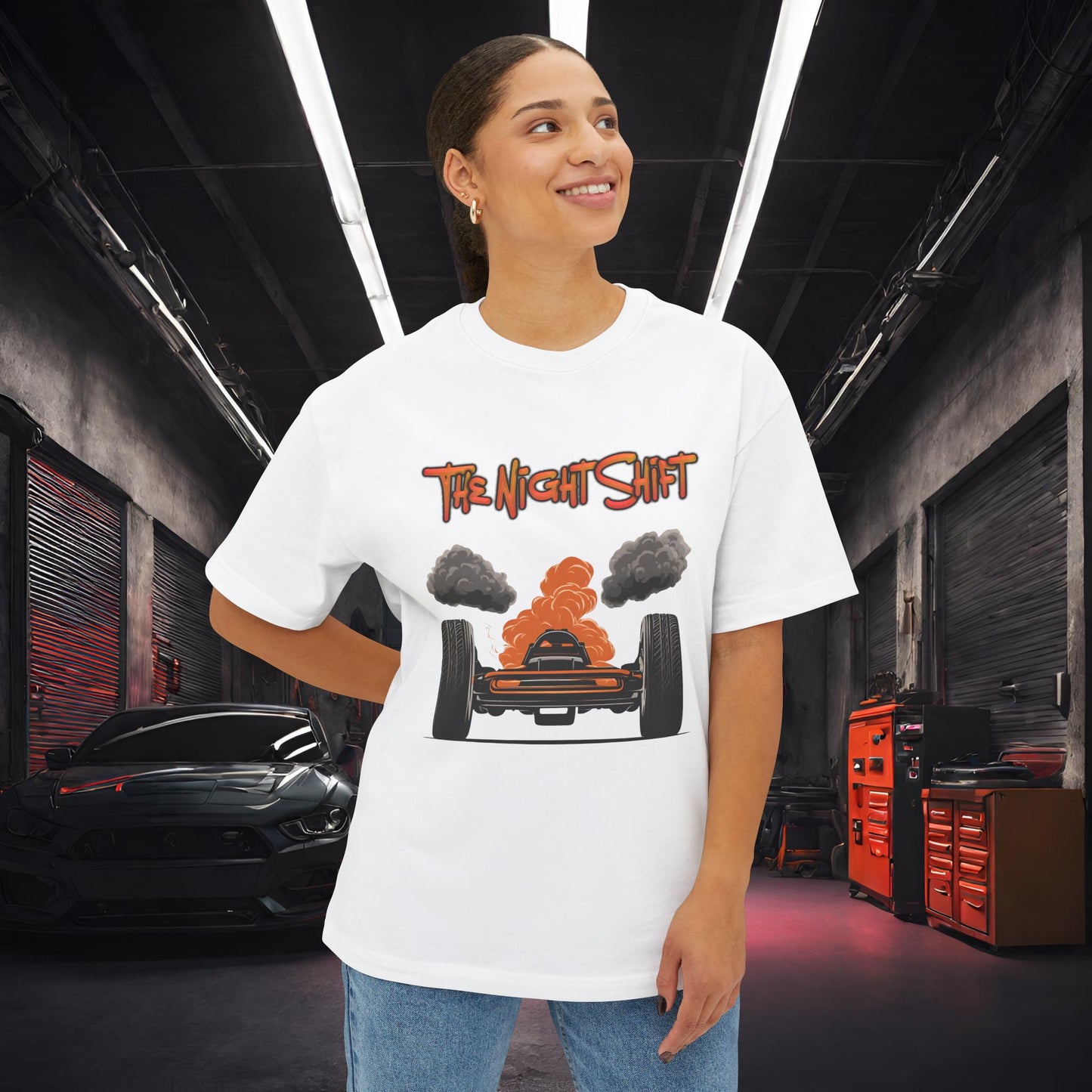 Alien UFO Big Tire Drag Racer -Premium, Ultra Soft Unisex Oversized Boxy Tee Printify by The Night Shift Automotive Apparel
