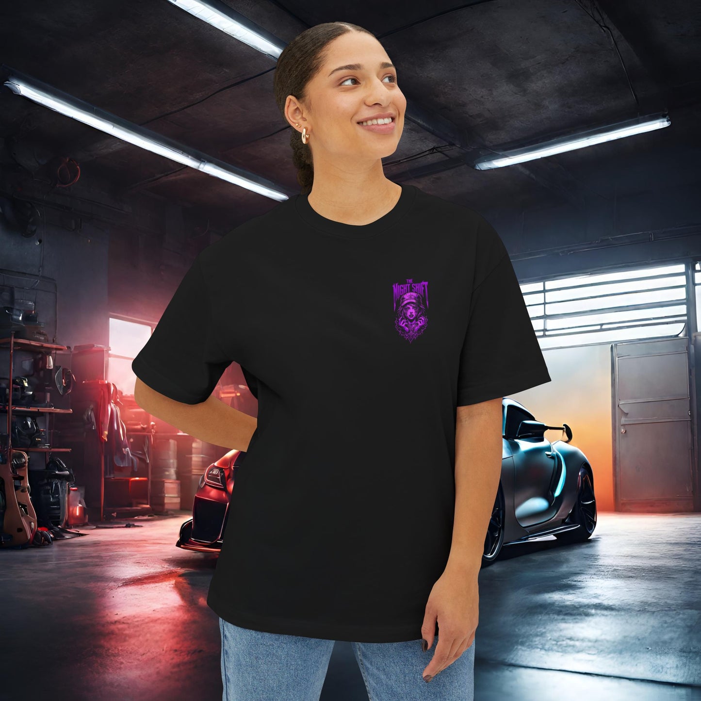 The Night Shift Demonic Promo Girl-Premium, Ultra Soft Unisex Oversized Boxy Tee Printify by The Night Shift Automotive Apparel