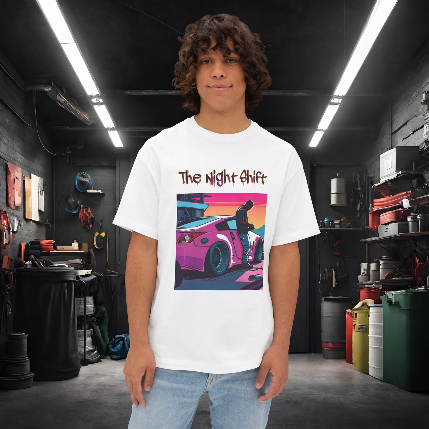 Nissan 370z Synthwave-Premium, Ultra Soft Unisex Oversized Boxy Tee White Printify by The Night Shift Automotive Apparel